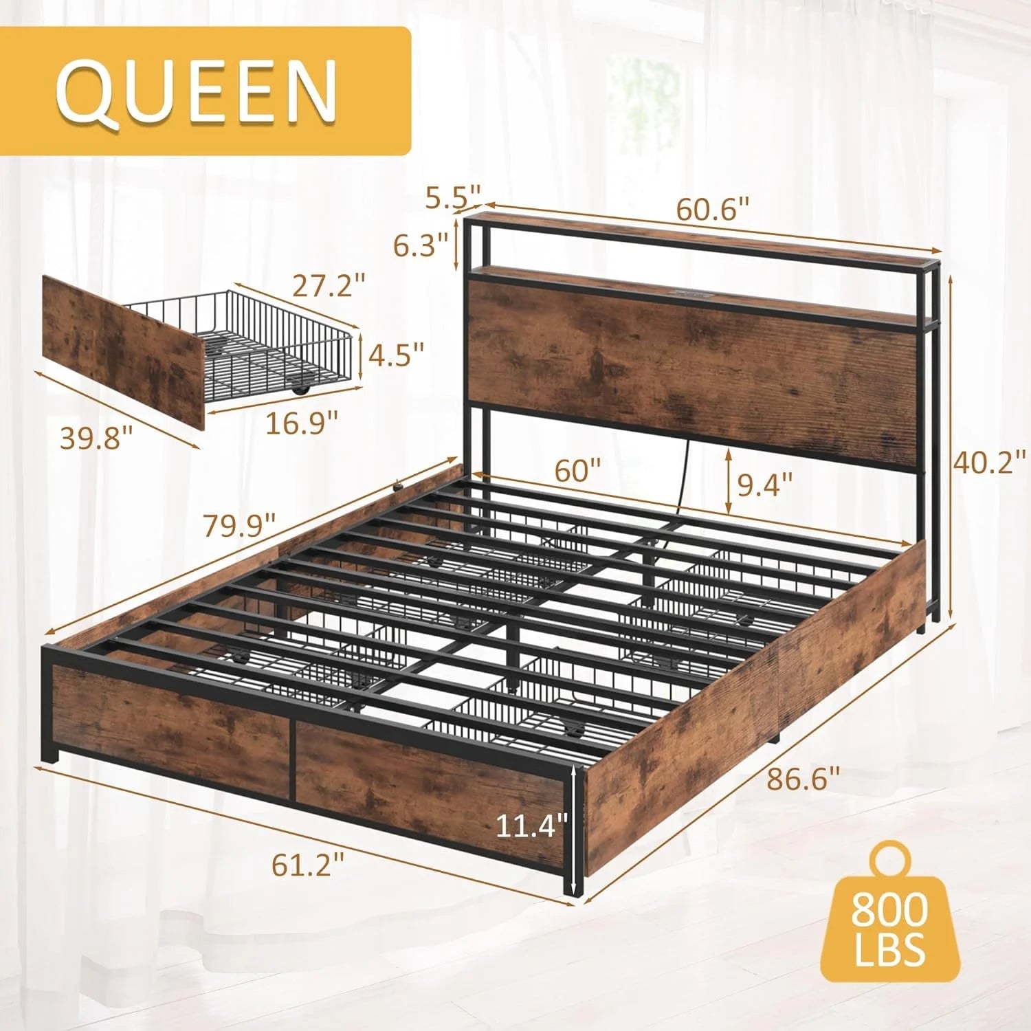 Queen Bed Frame with 2-Tier Storage Headboard, Metal Platform Bed LUNESCAPE
