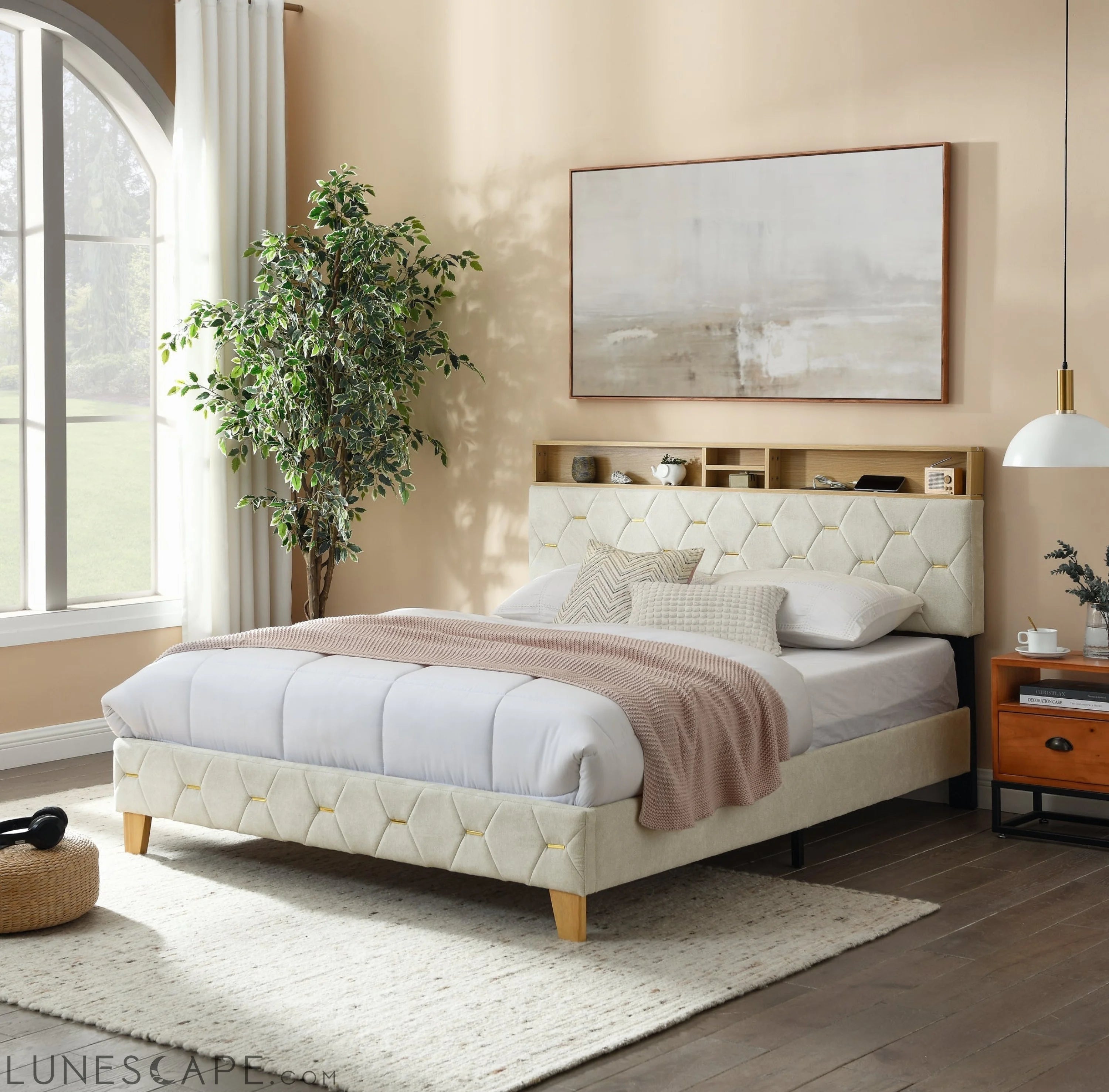 Queen Size Bed Frame, Shelf Upholstered Headboard, Platform Bed with LUNESCAPE