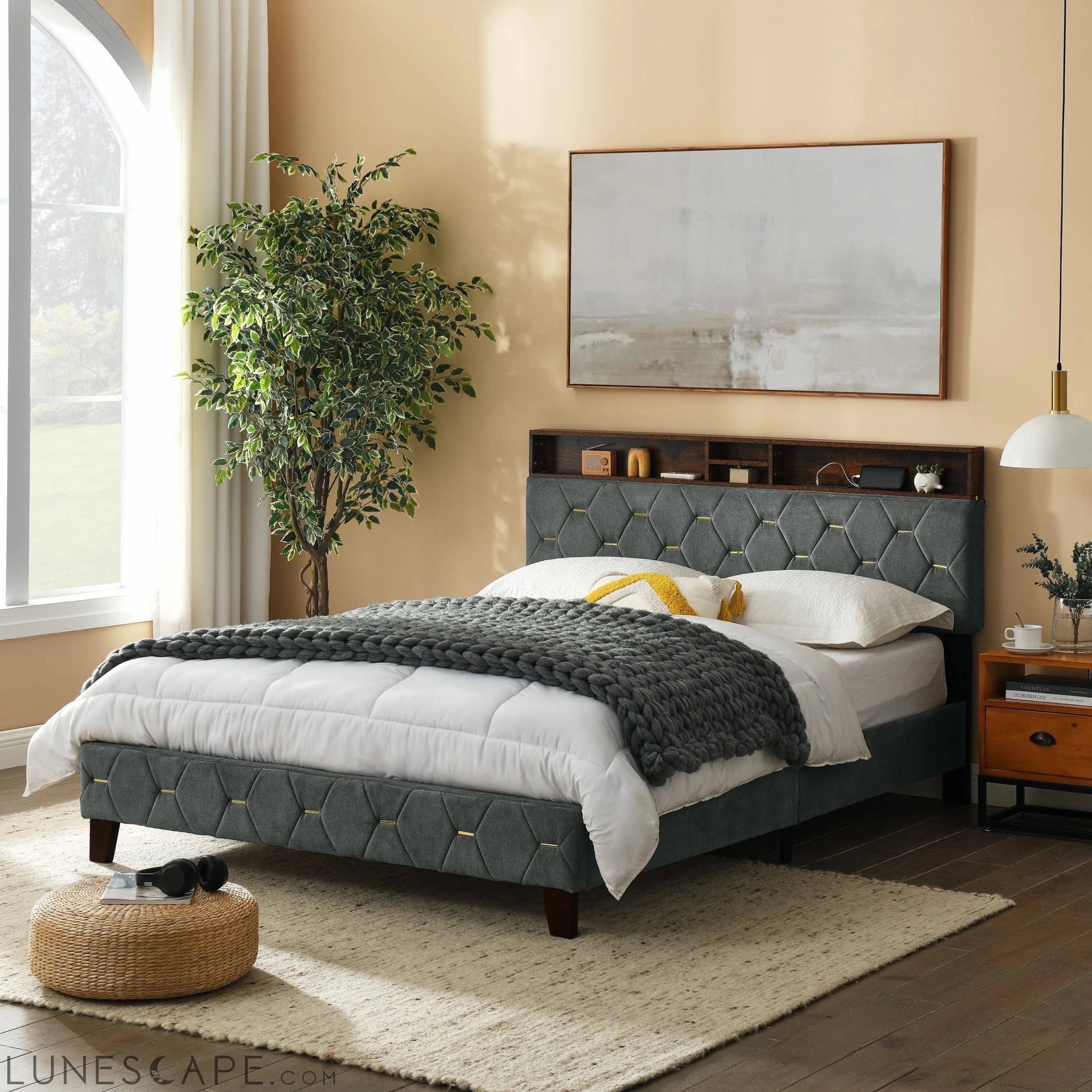 Queen Size Bed Frame, Shelf Upholstered Headboard, Platform Bed with LUNESCAPE