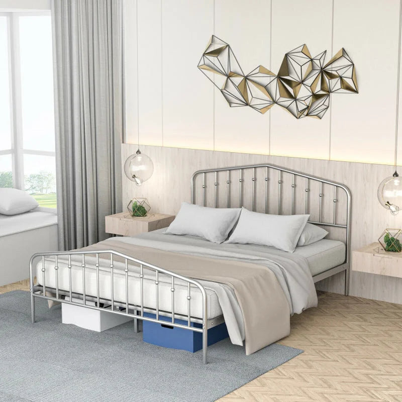 Queen Size Metal Platform Bed Frame with Vintage Headboard and LUNESCAPE