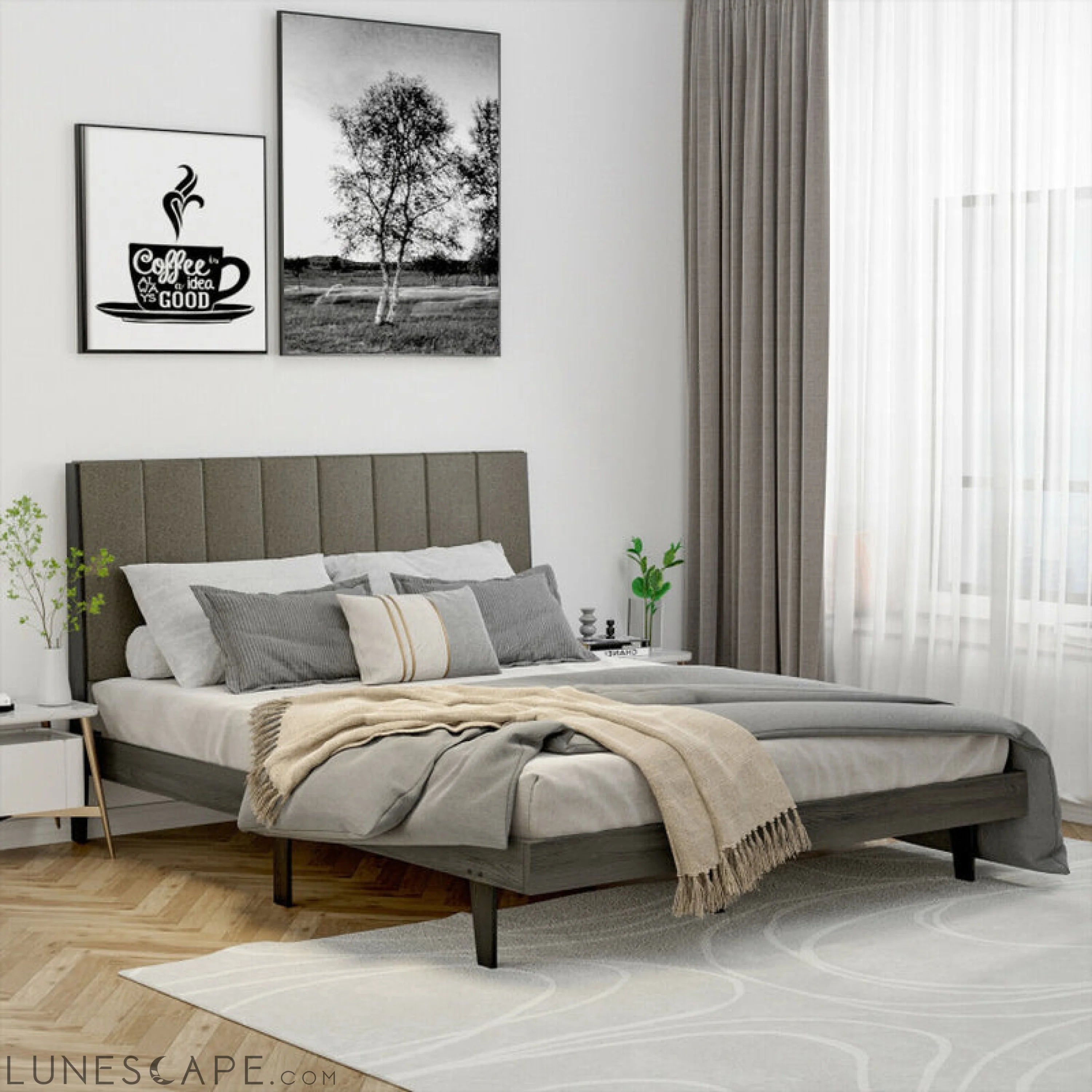Queen Size Upholstered Bed Frame with Tufted Headboard LUNESCAPE
