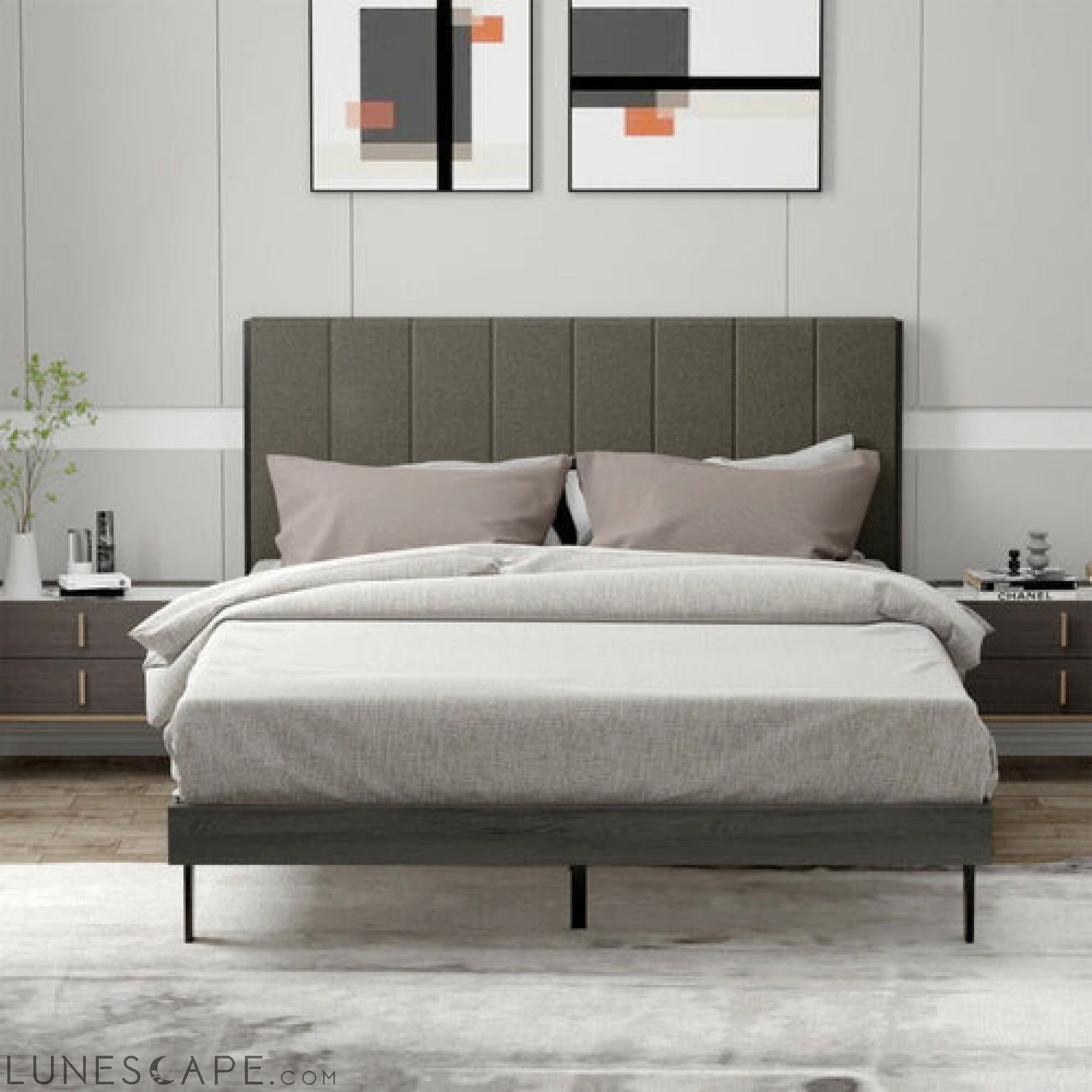 Queen Size Upholstered Bed Frame with Tufted Headboard LUNESCAPE