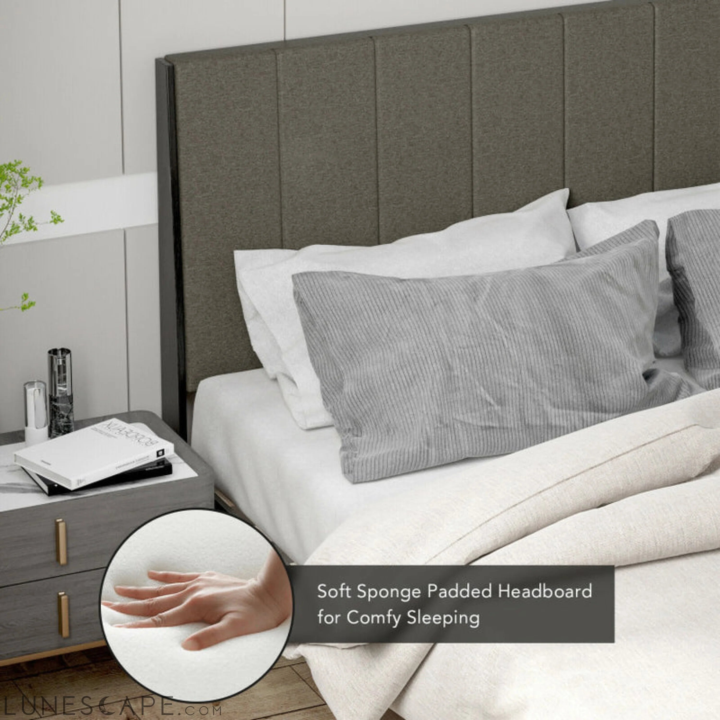 Queen Size Upholstered Bed Frame with Tufted Headboard LUNESCAPE