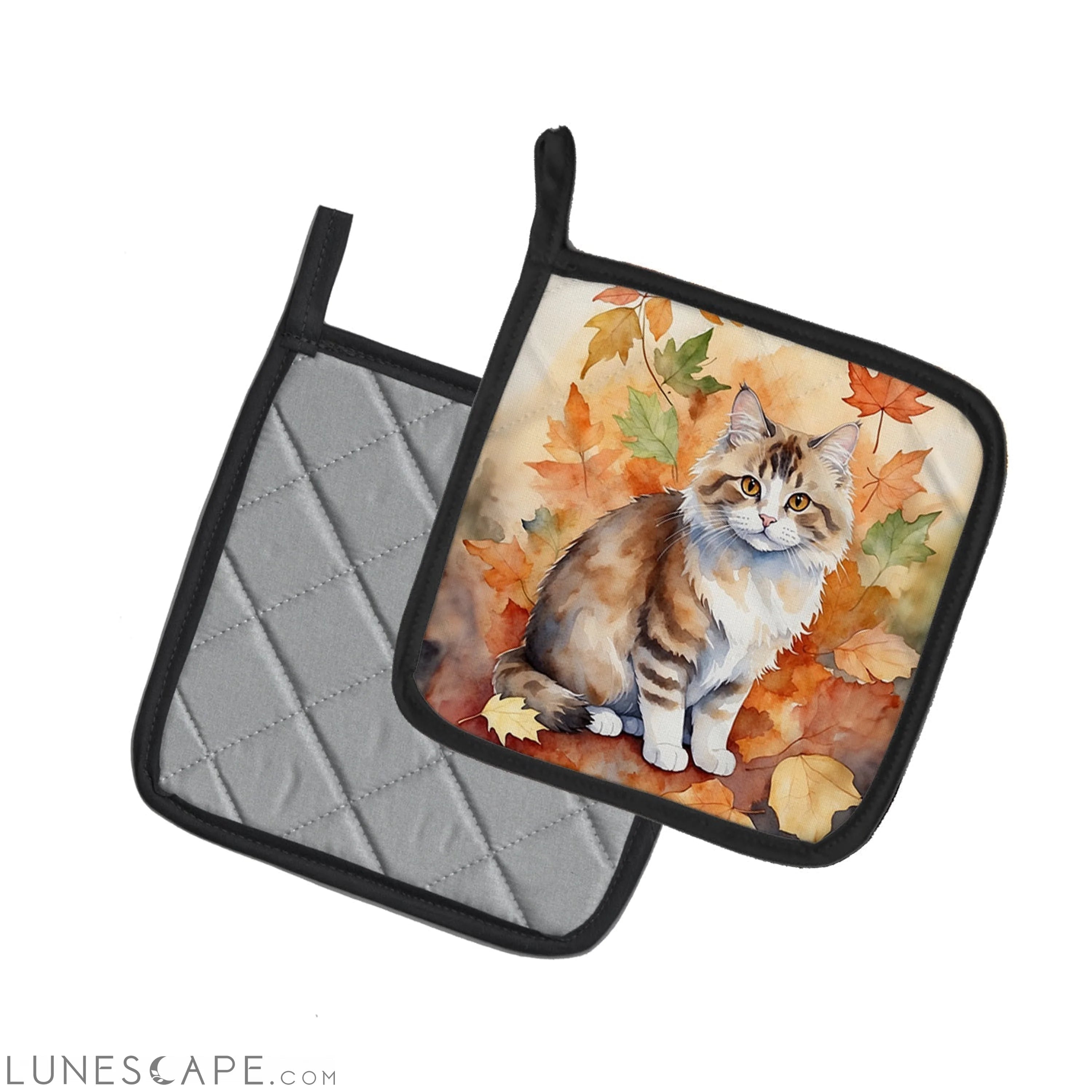 Ragamuffin Cat in Fall Leaves Pair of Pot Holders LUNESCAPE
