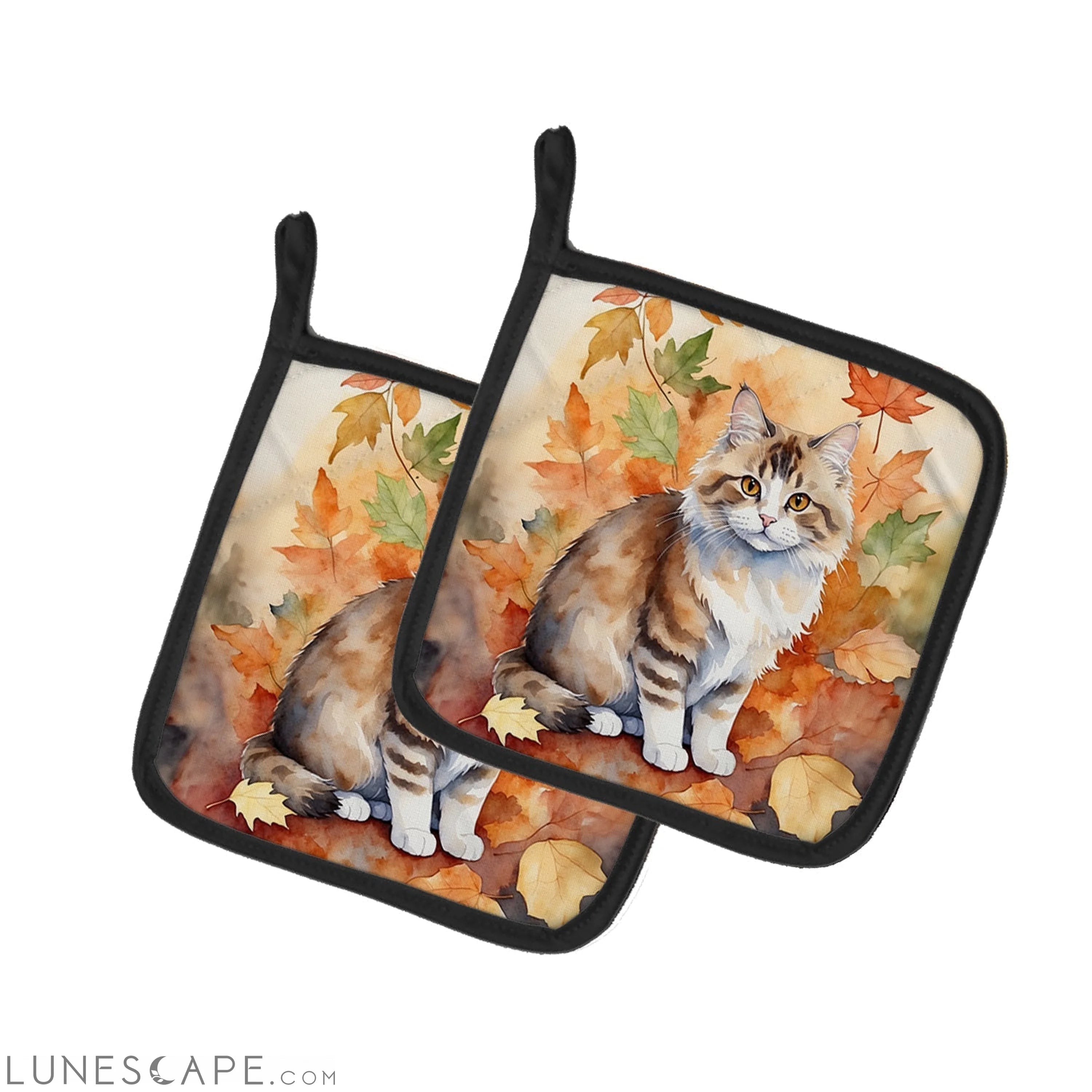Ragamuffin Cat in Fall Leaves Pair of Pot Holders LUNESCAPE