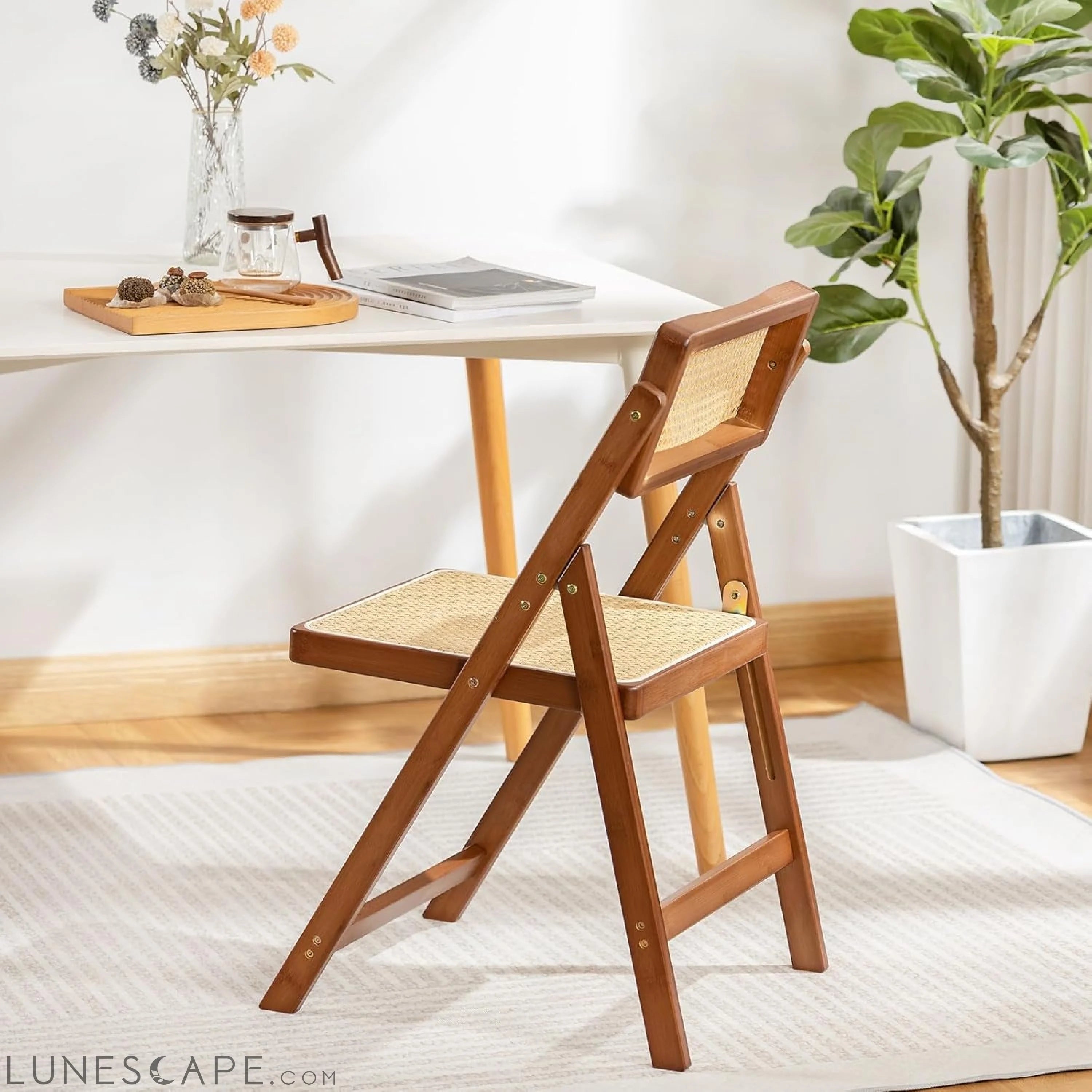 Rattan Folding Chair, Modern Mid Century Dining Chairs Set of 1, Comfy LUNESCAPE