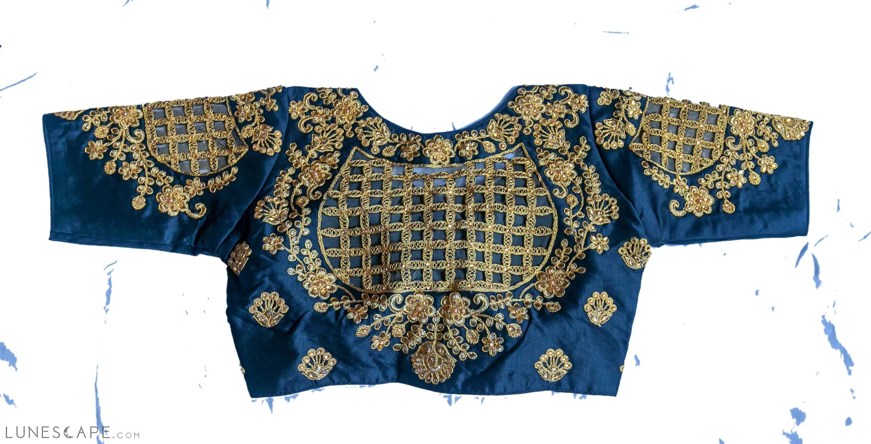 Readymade Saree Blouse With Elbow Length Sleeves  - Navy Blue LUNESCAPE