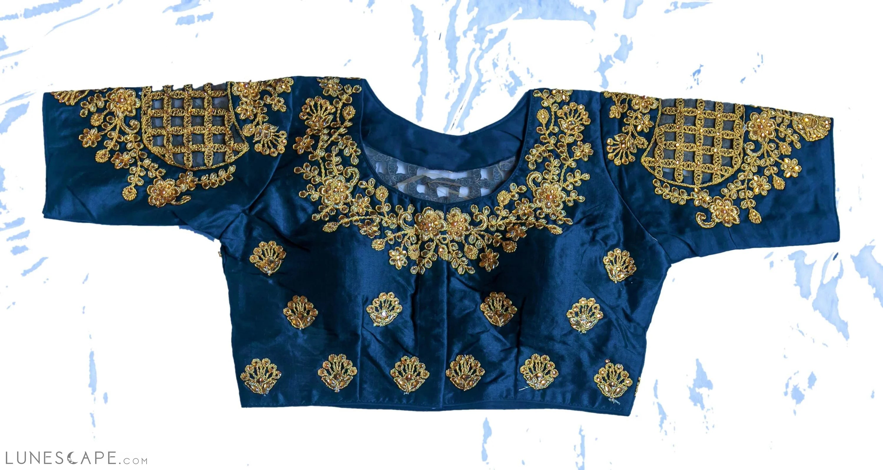 Readymade Saree Blouse With Elbow Length Sleeves  - Navy Blue LUNESCAPE