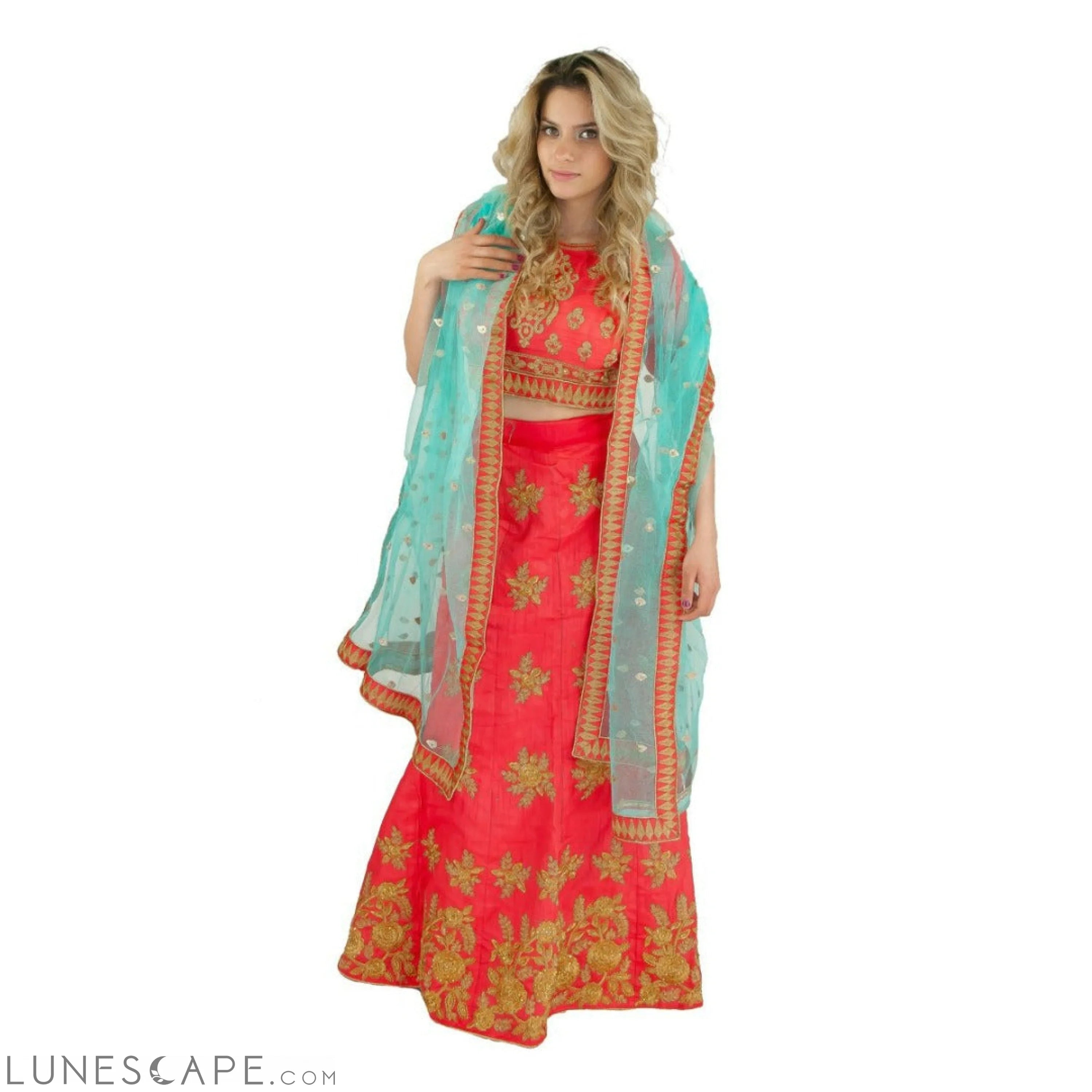 Red and Gold Party Lehenga in Silk LUNESCAPE