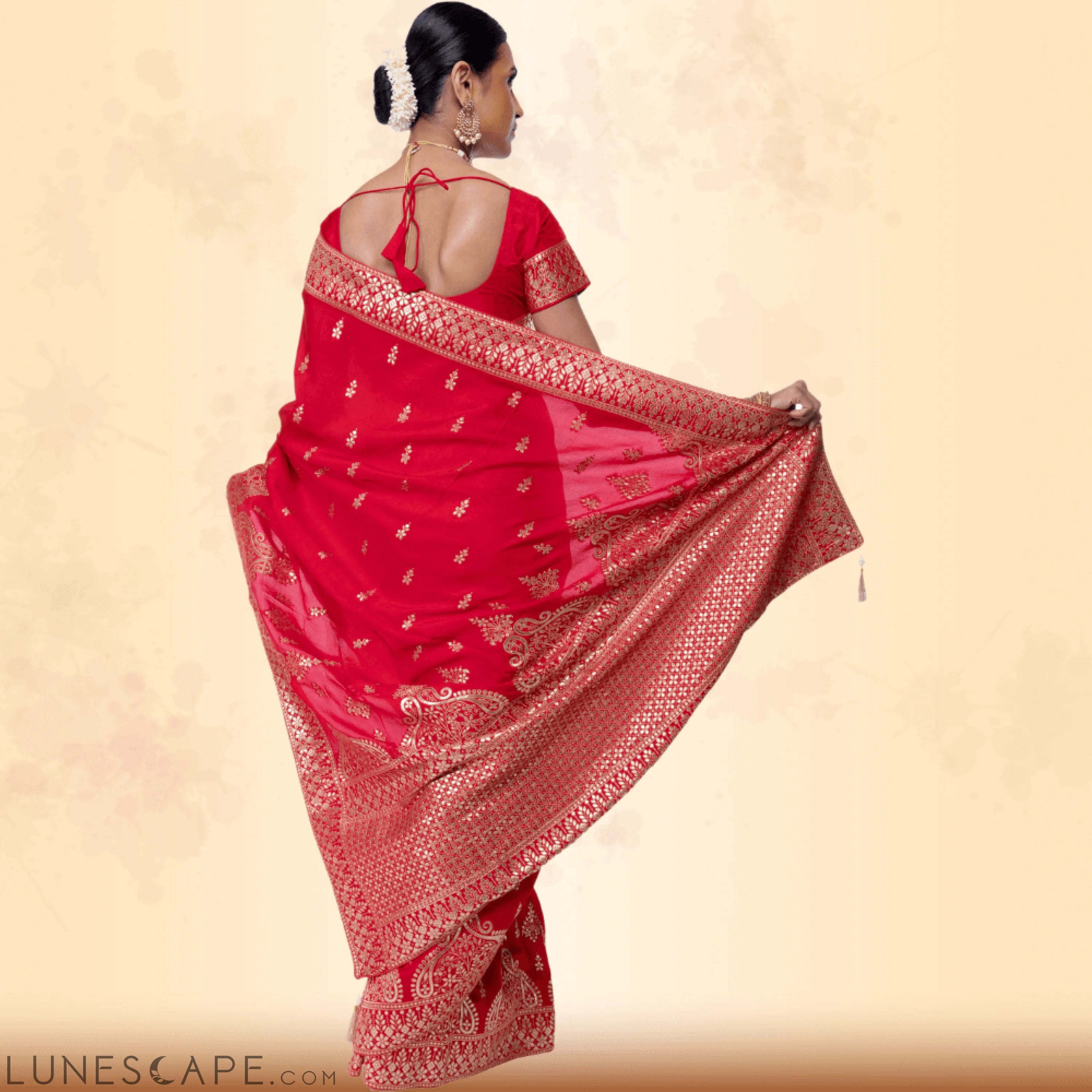 Red Banarasi Silk Saree With Gold Gota Patti Print LUNESCAPE