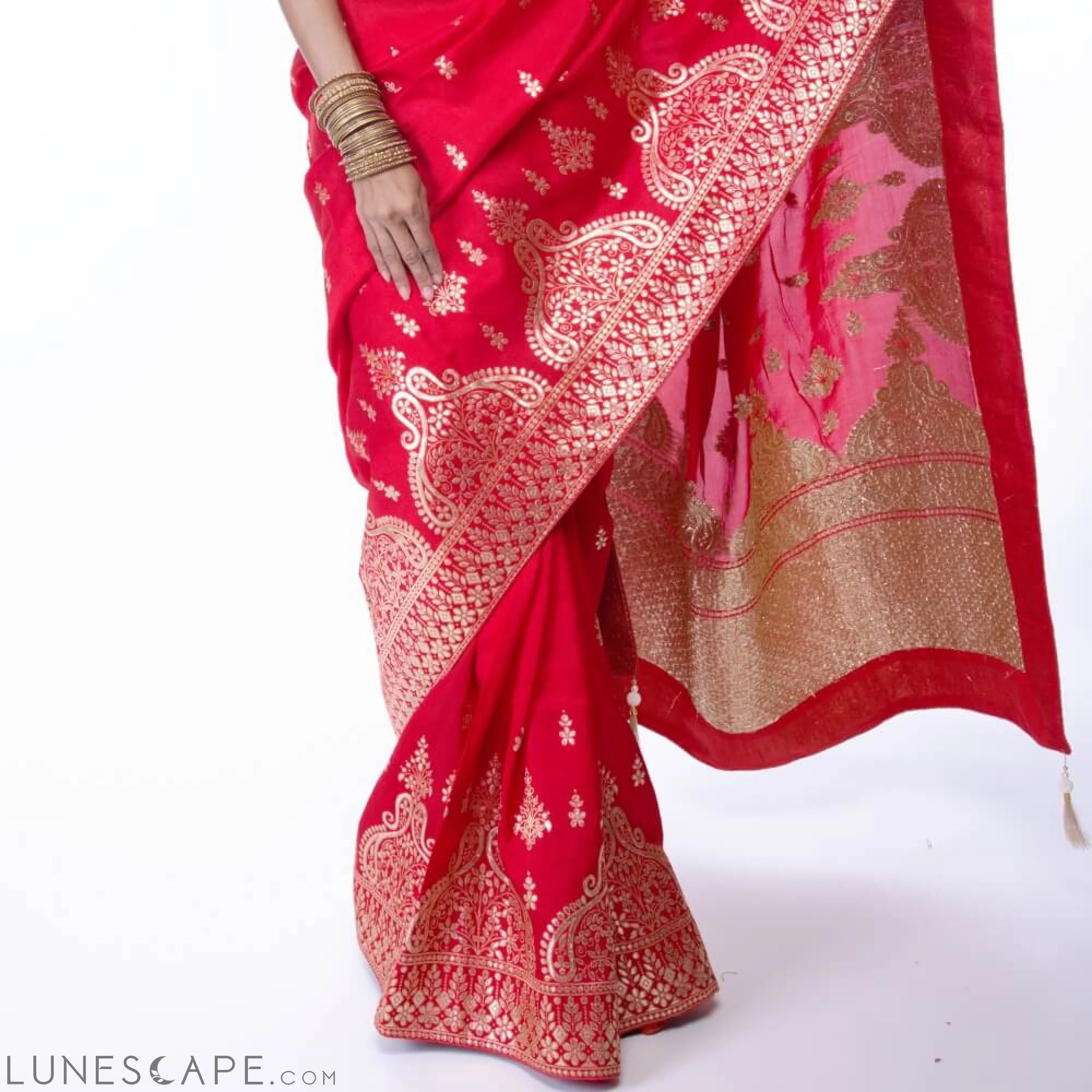 Red Banarasi Silk Saree With Gold Gota Patti Print LUNESCAPE