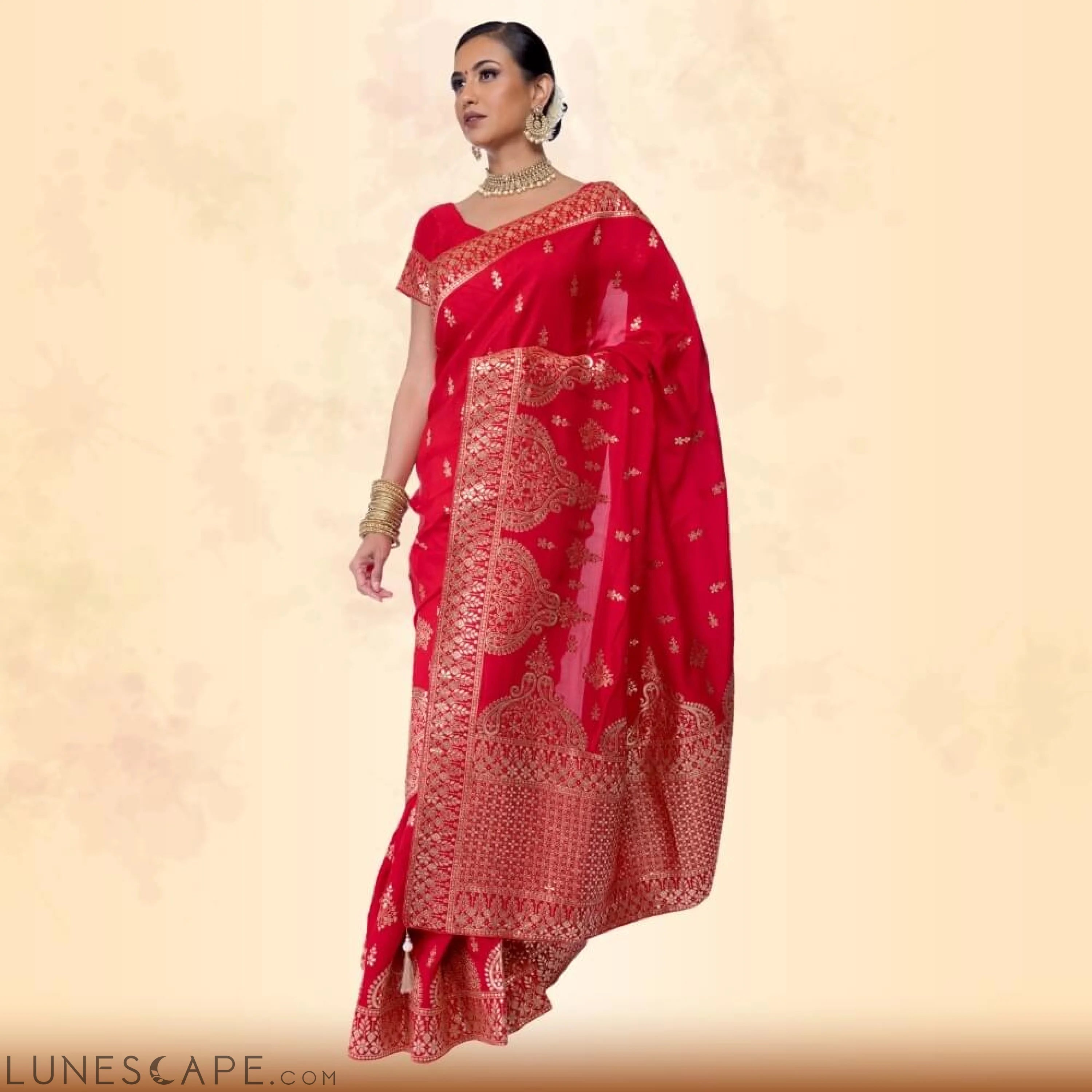 Red Banarasi Silk Saree With Gold Gota Patti Print LUNESCAPE