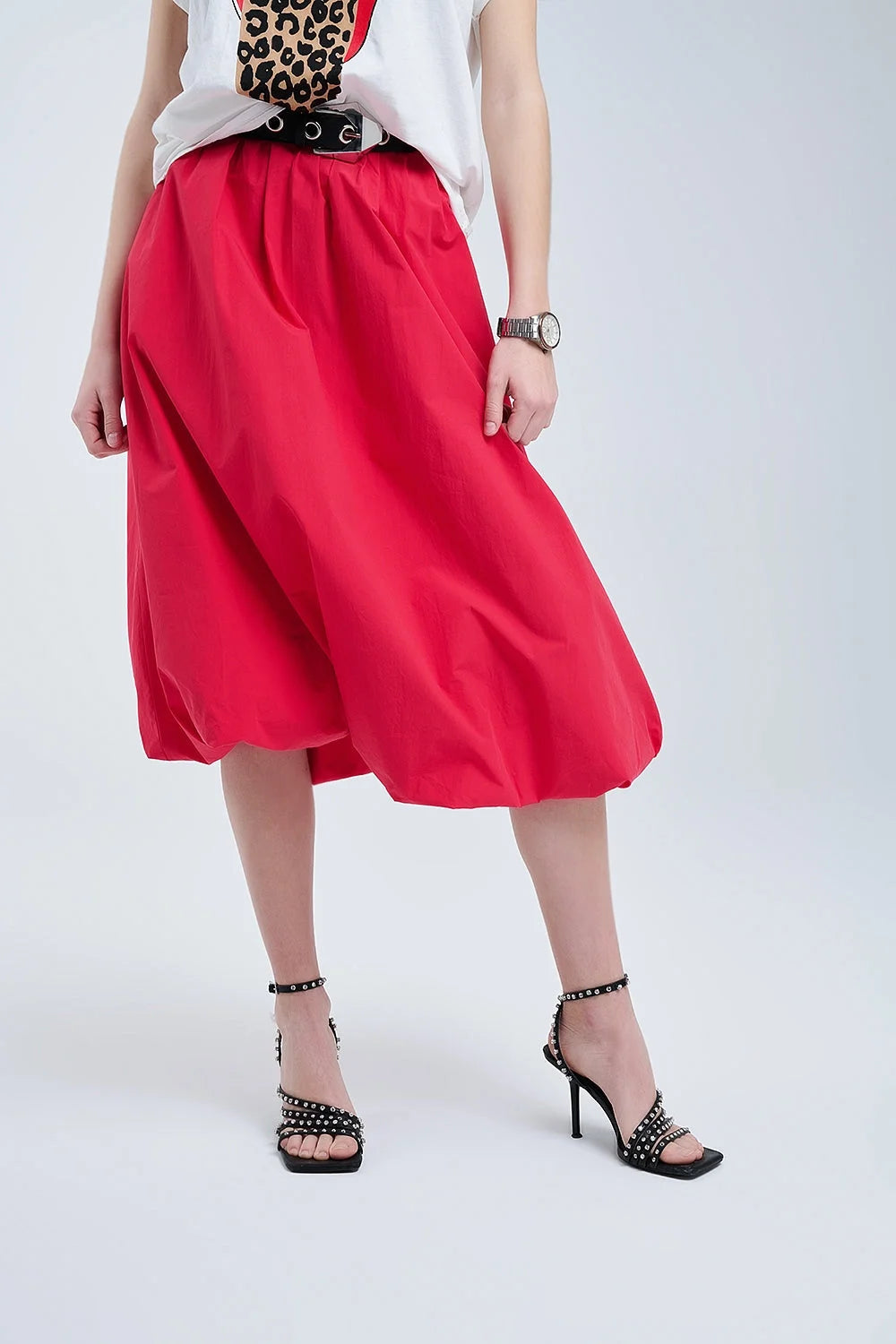 Red Midi Bubble Skirt in Poplin Fabric LUNESCAPE