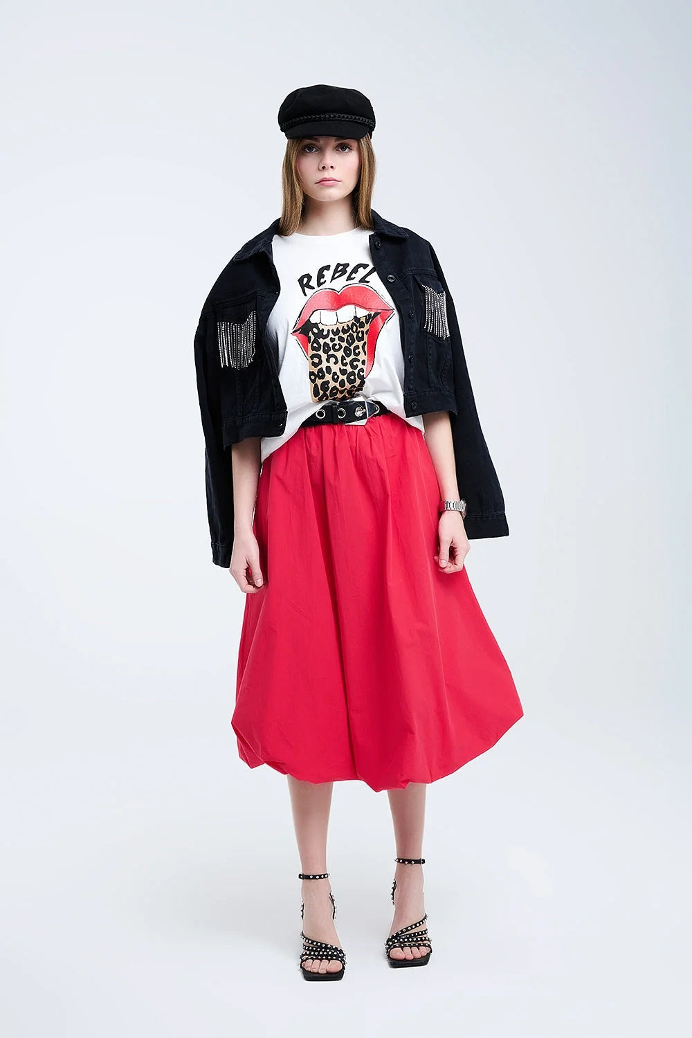 Red Midi Bubble Skirt in Poplin Fabric LUNESCAPE