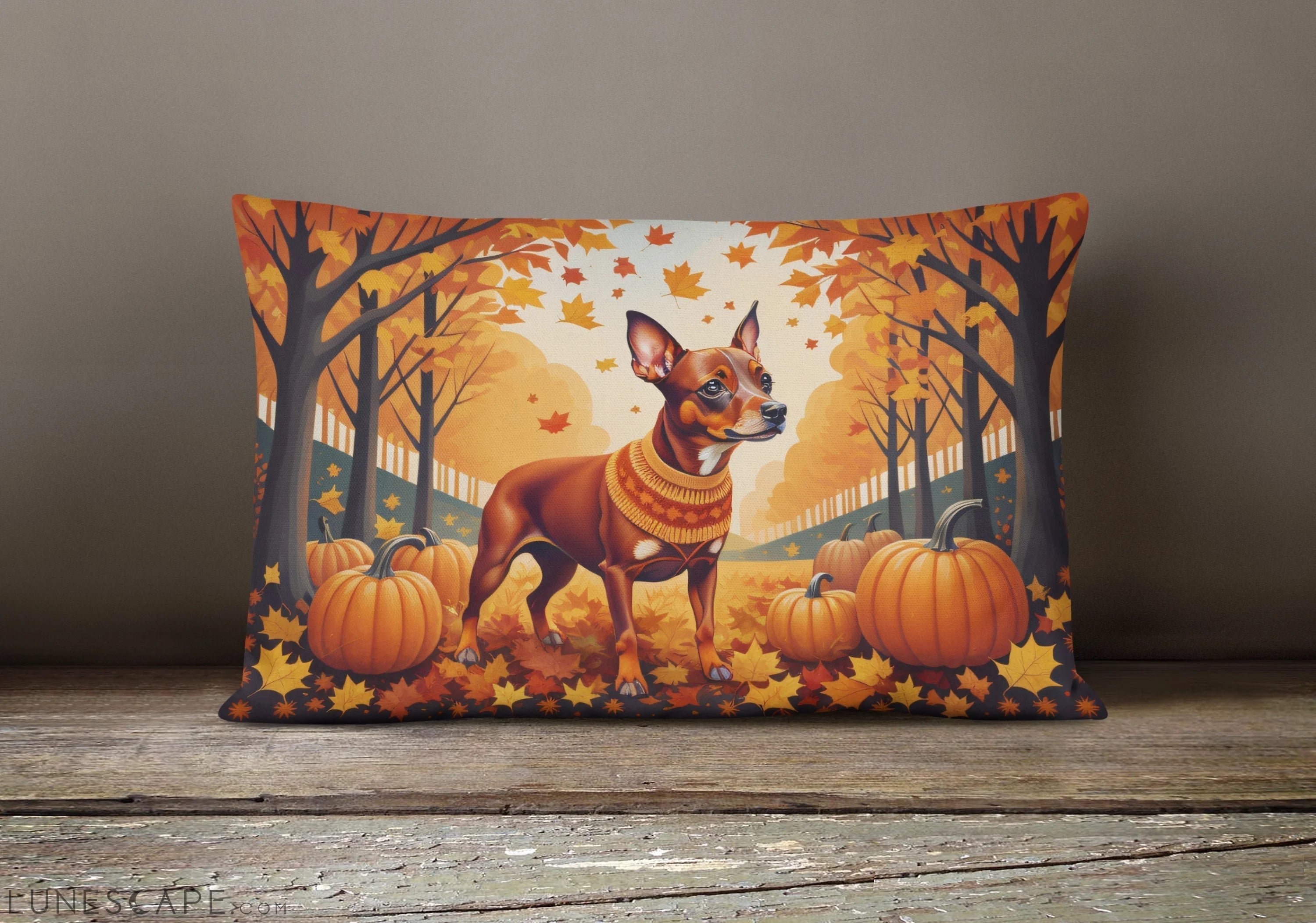 Red Miniature Pinscher Fall Throw Pillow LUNESCAPE