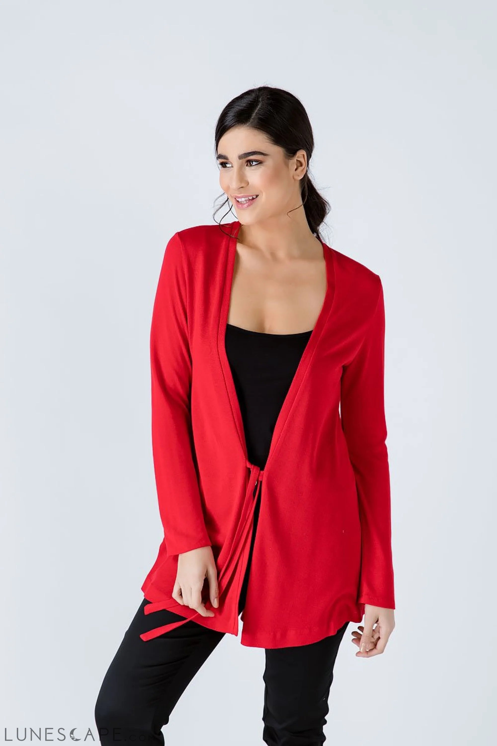 Red Open Front Linen Cardigan LUNESCAPE