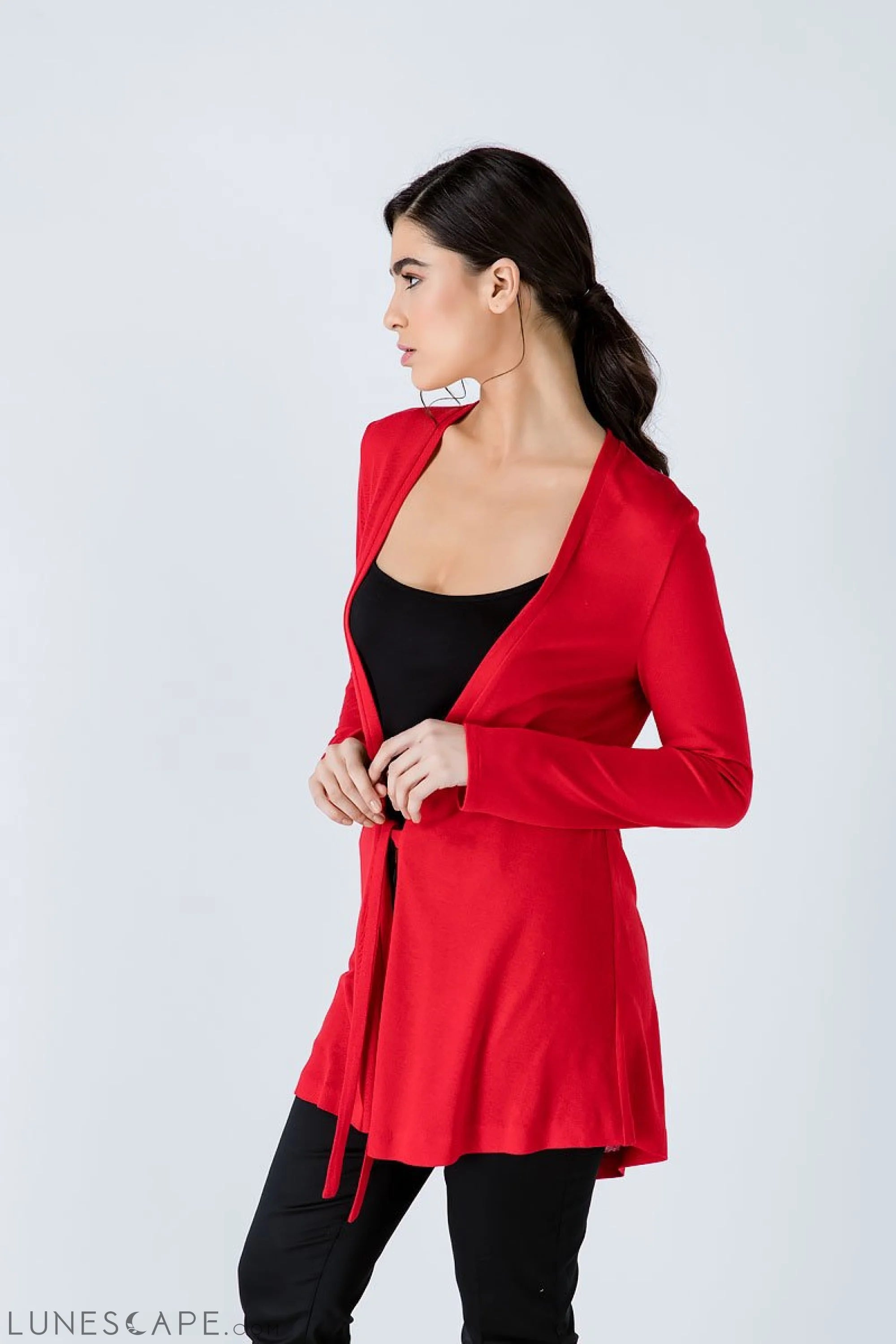 Red Open Front Linen Cardigan LUNESCAPE