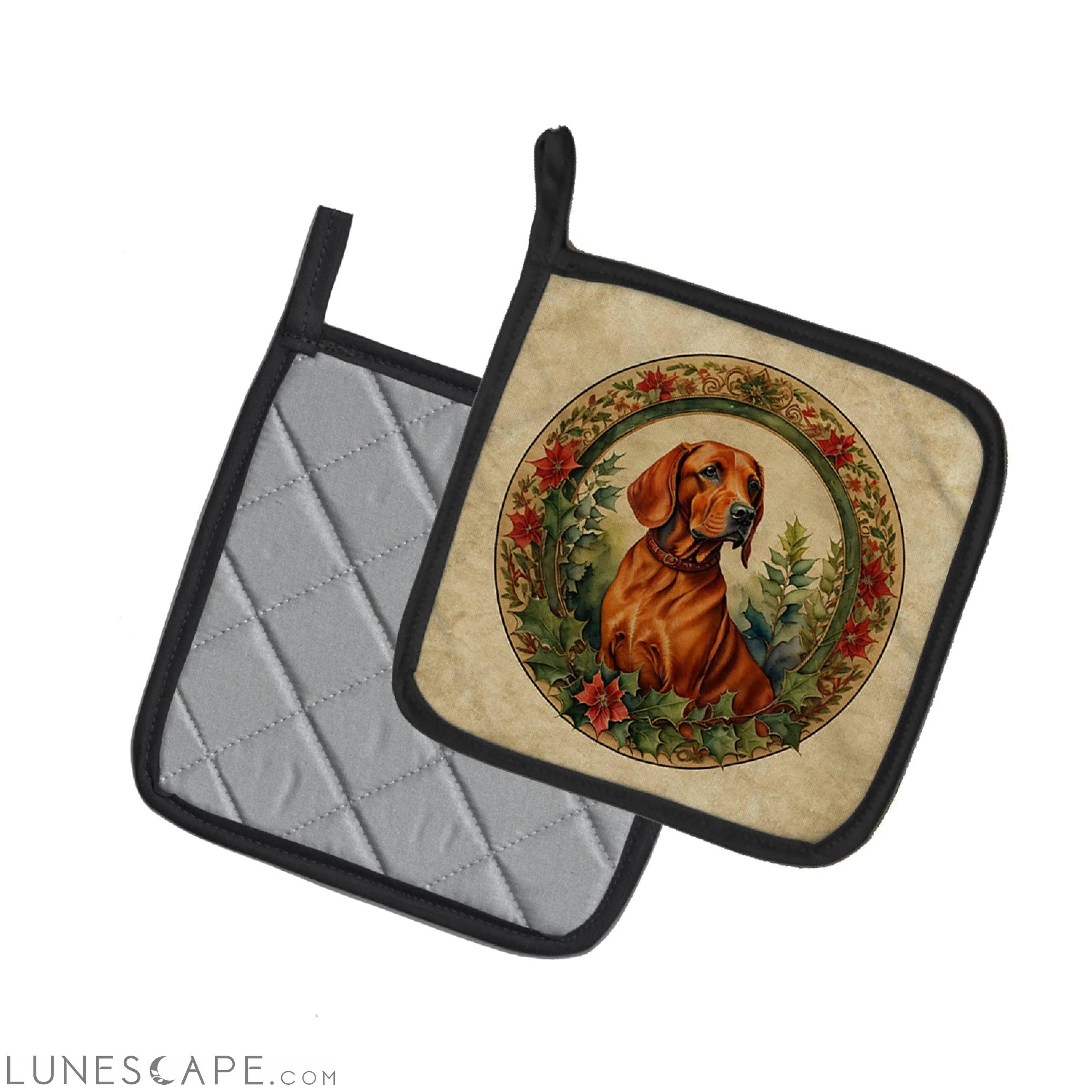 Red Redbone Coonhound Christmas Flowers Pair of Pot Holders LUNESCAPE