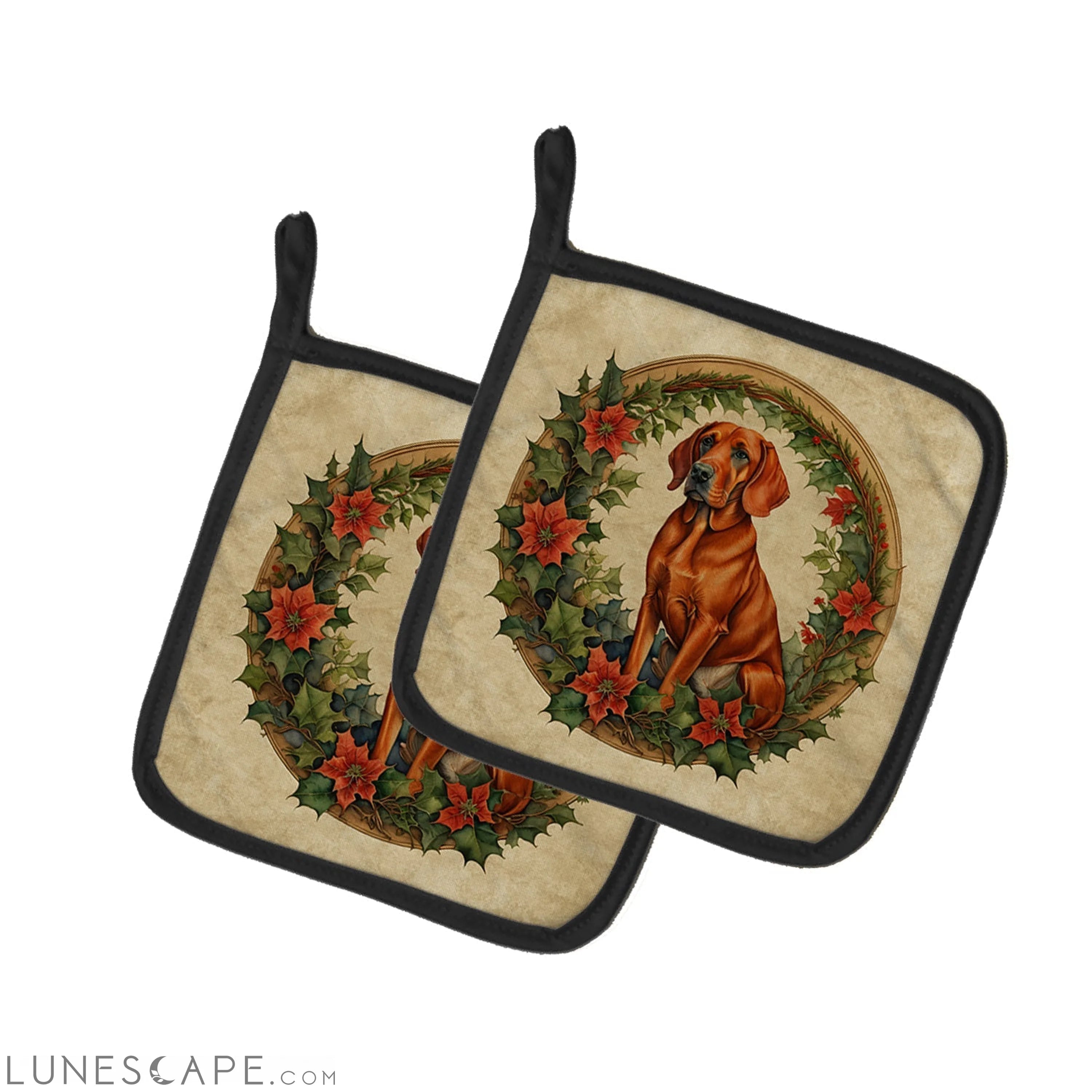 Red Redbone Coonhound Christmas Flowers Pair of Pot Holders LUNESCAPE