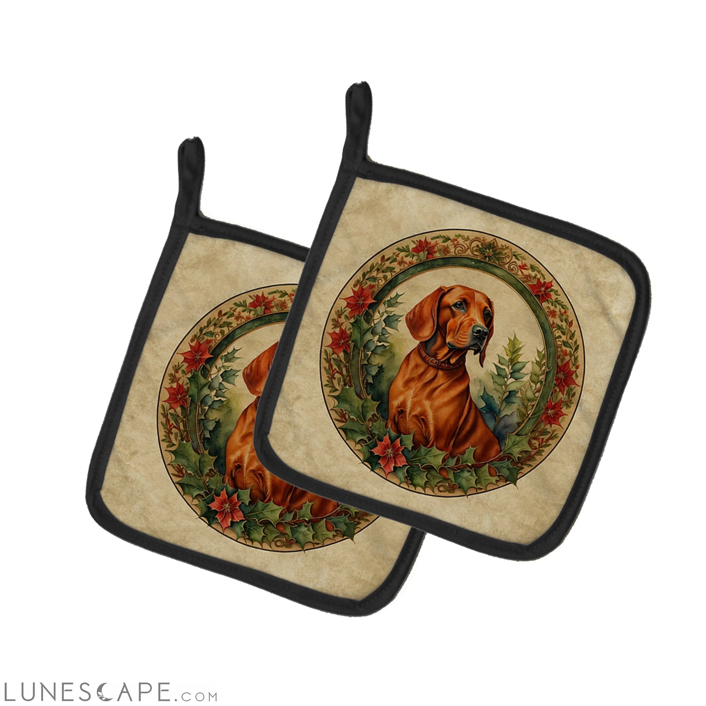 Red Redbone Coonhound Christmas Flowers Pair of Pot Holders LUNESCAPE