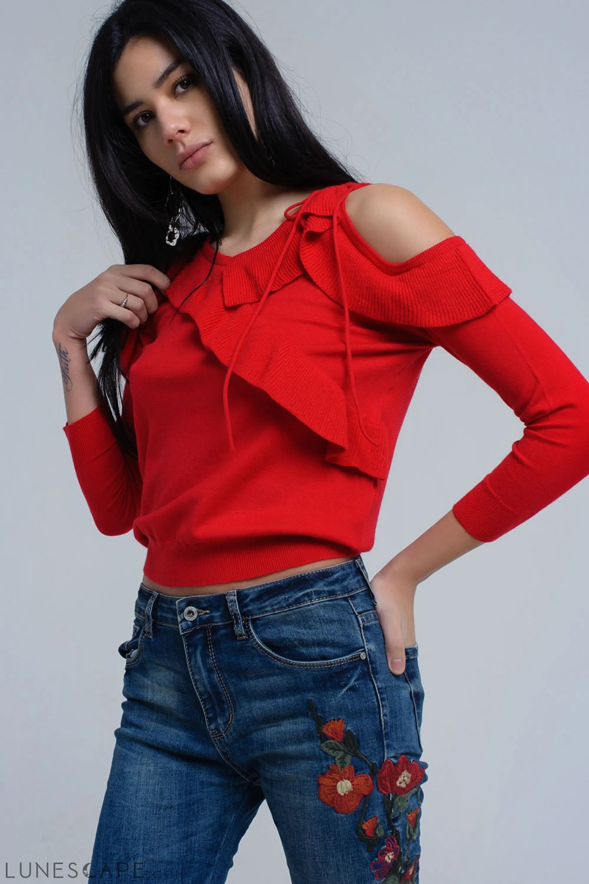 Red Sweater With Ruffle Detail at Front LUNESCAPE