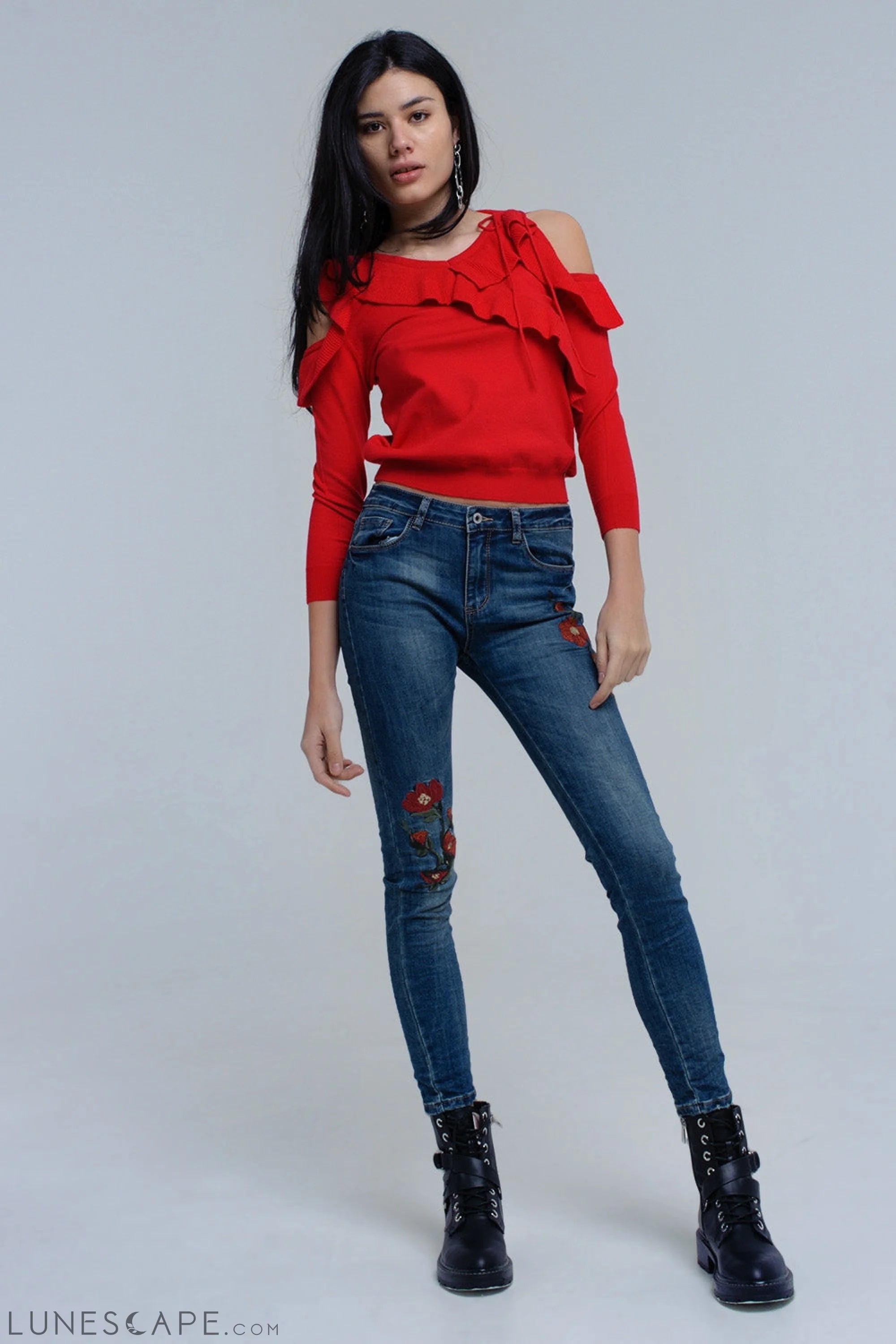 Red Sweater With Ruffle Detail at Front LUNESCAPE