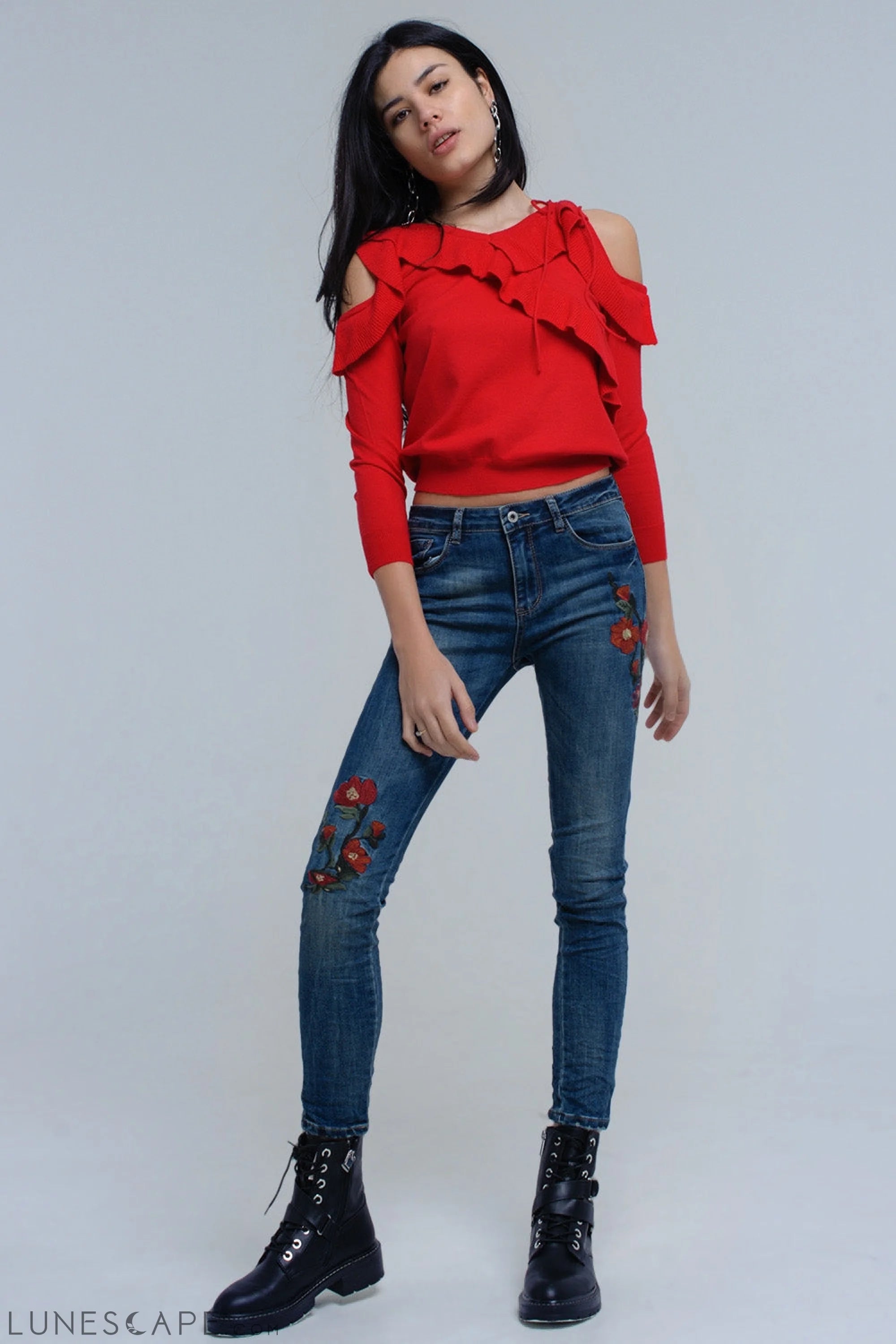 Red Sweater With Ruffle Detail at Front LUNESCAPE