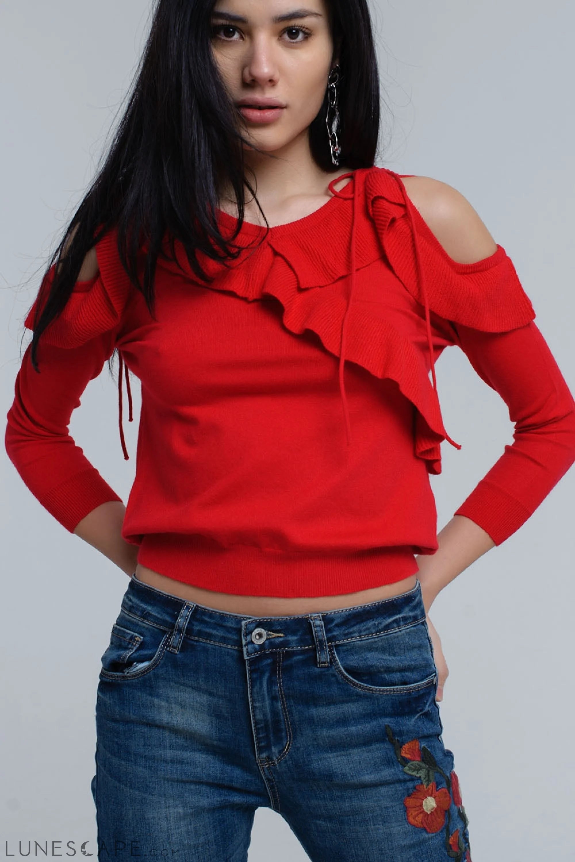 Red Sweater With Ruffle Detail at Front LUNESCAPE