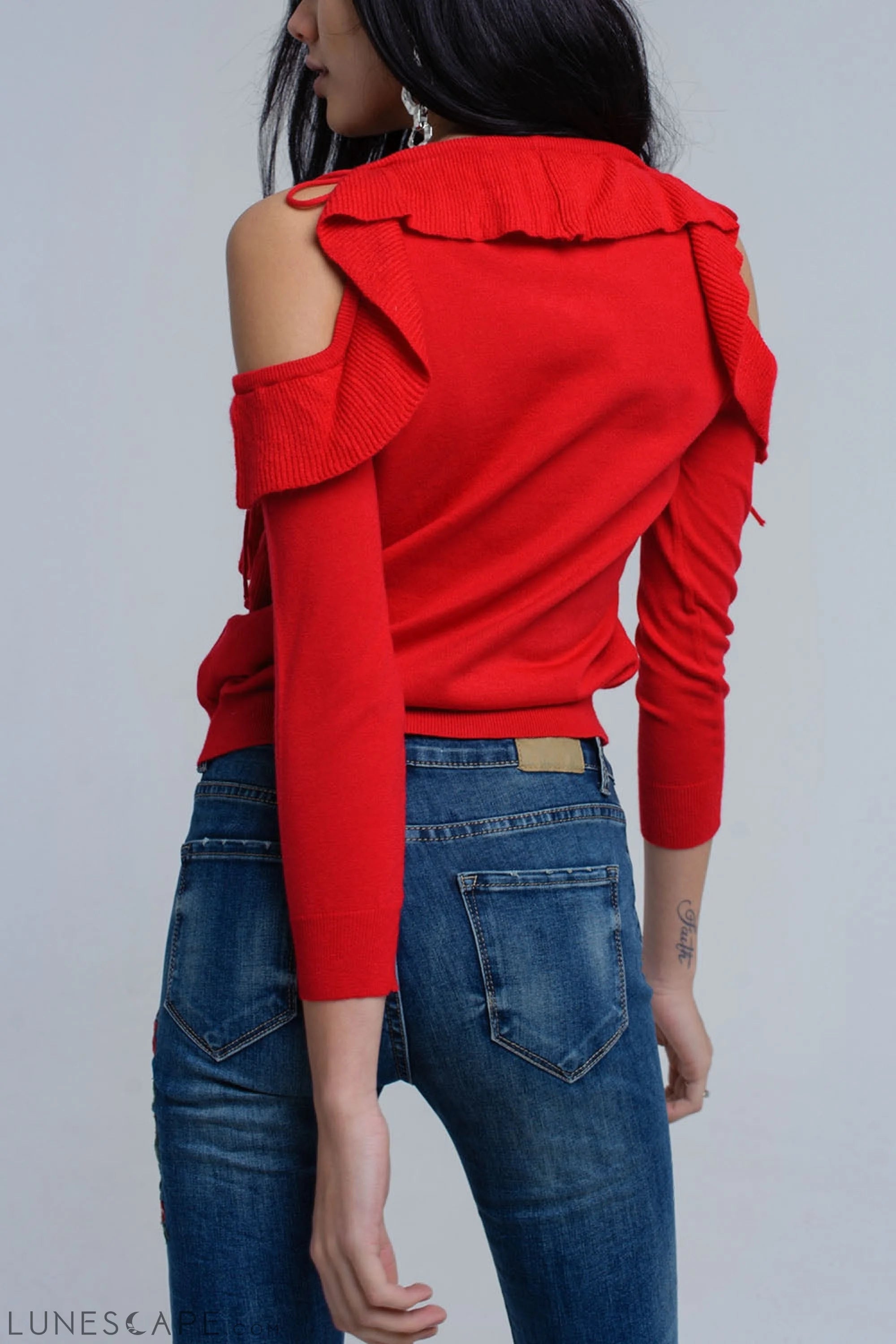 Red Sweater With Ruffle Detail at Front LUNESCAPE