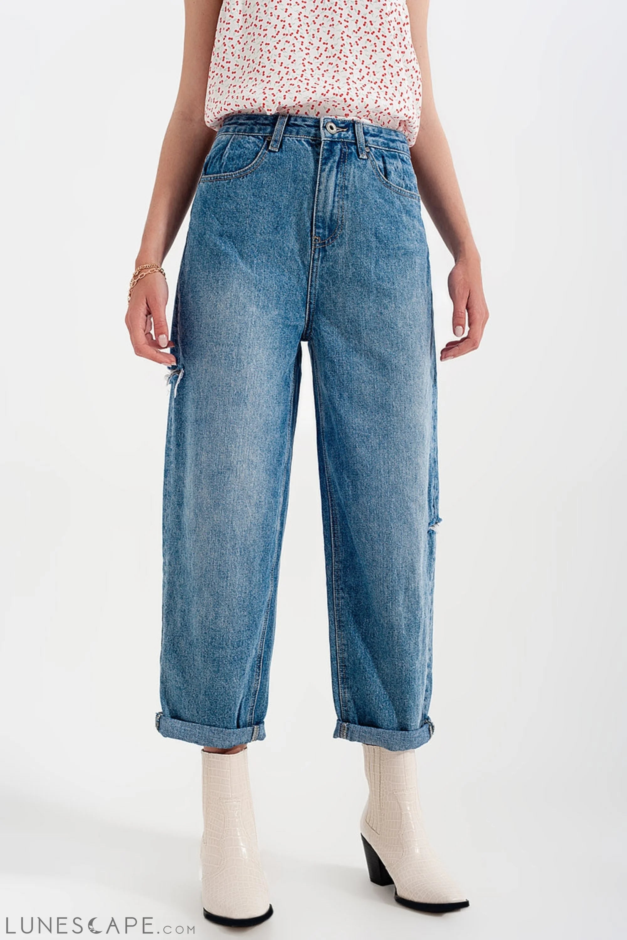 Relaxed Fit Side Rip Jeans in Mid Blue LUNESCAPE