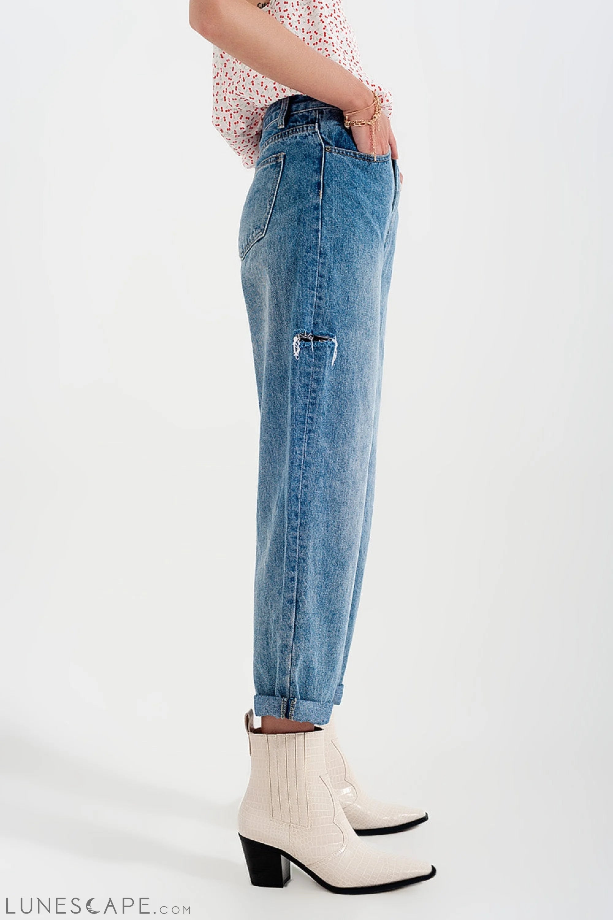 Relaxed Fit Side Rip Jeans in Mid Blue LUNESCAPE