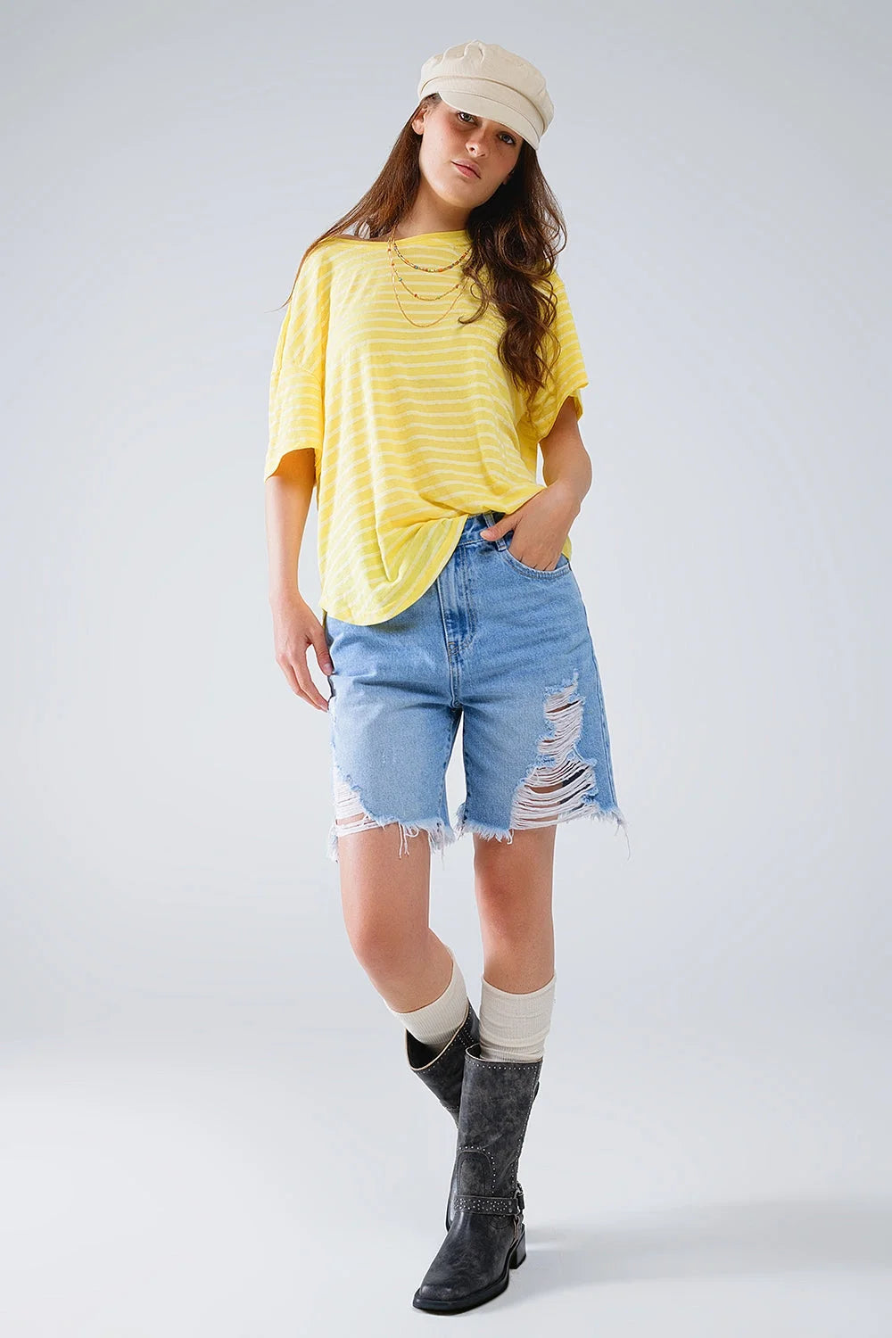 Relaxed Striped T-Shirt With Crew Neckline in Yellow LUNESCAPE