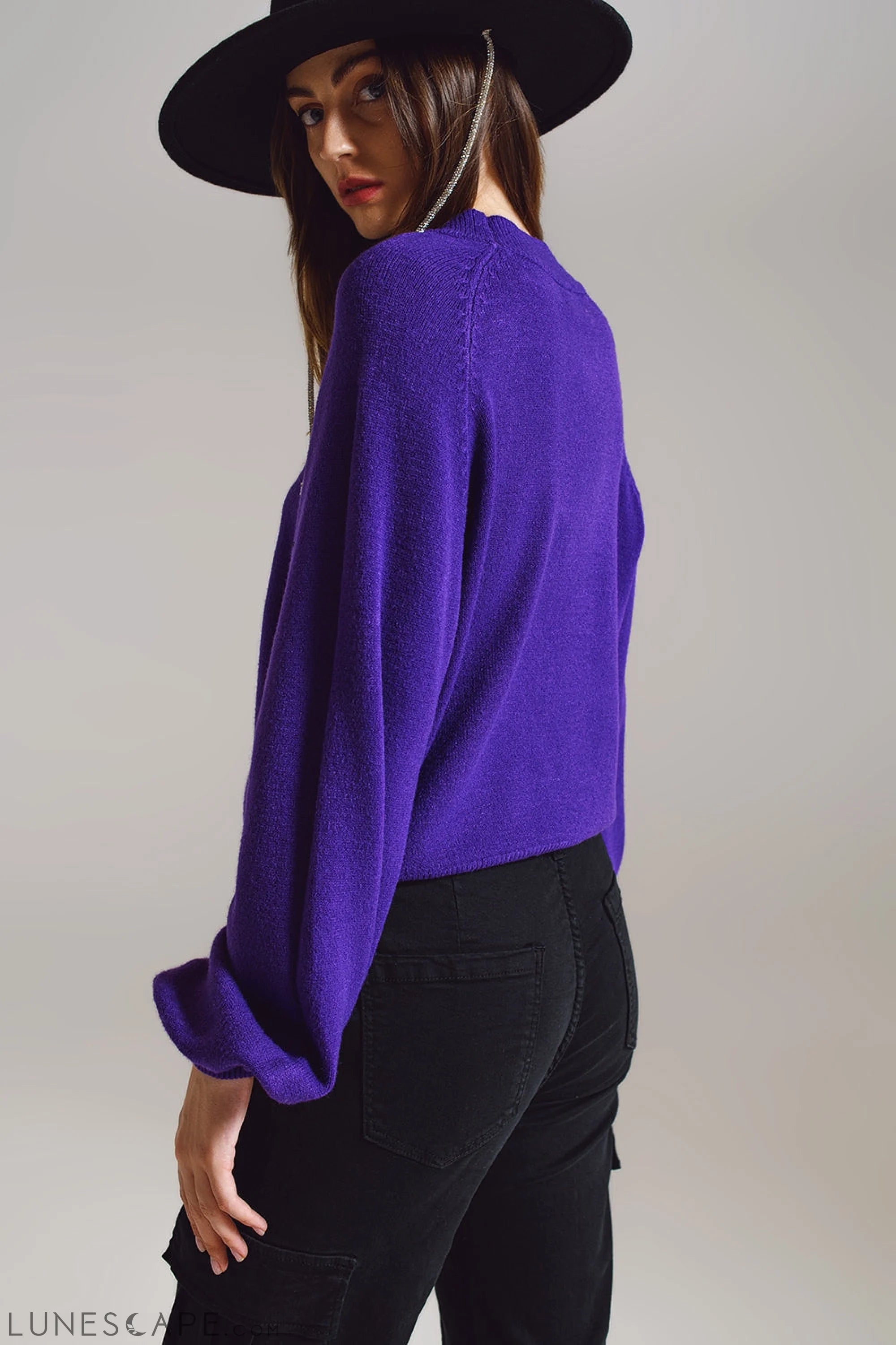 Relaxed Style Purple Jumper With Balloon Sleeves LUNESCAPE