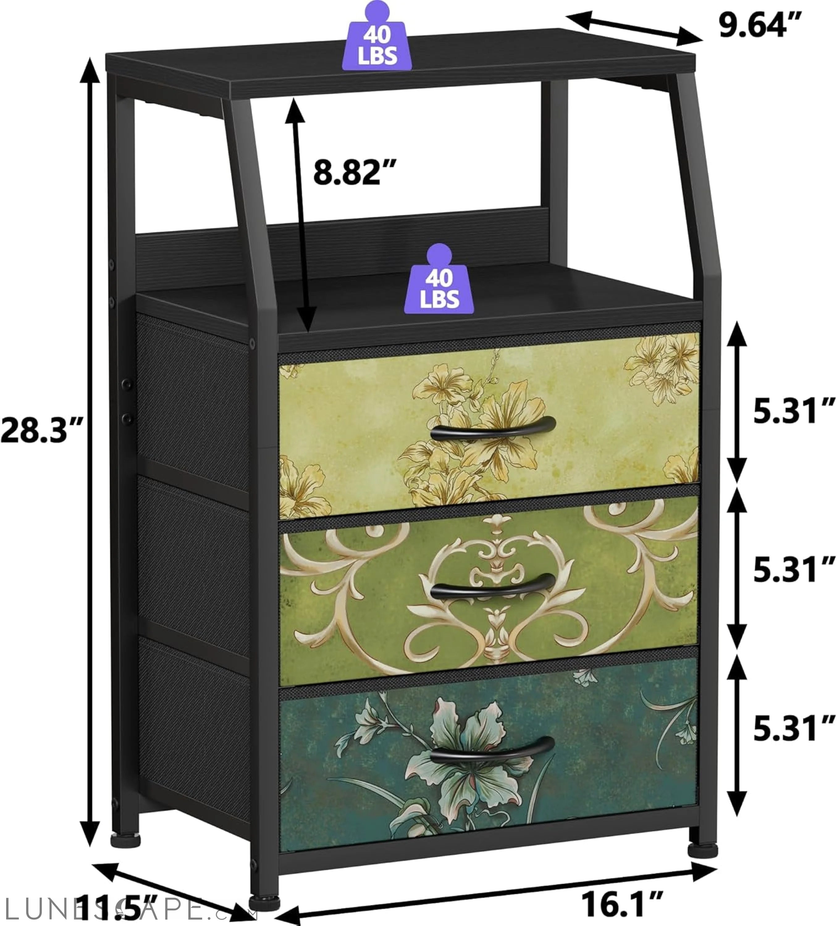 Retro Night Stand with 3 Drawers and 2-Tier Shelf, Small Nightstand LUNESCAPE
