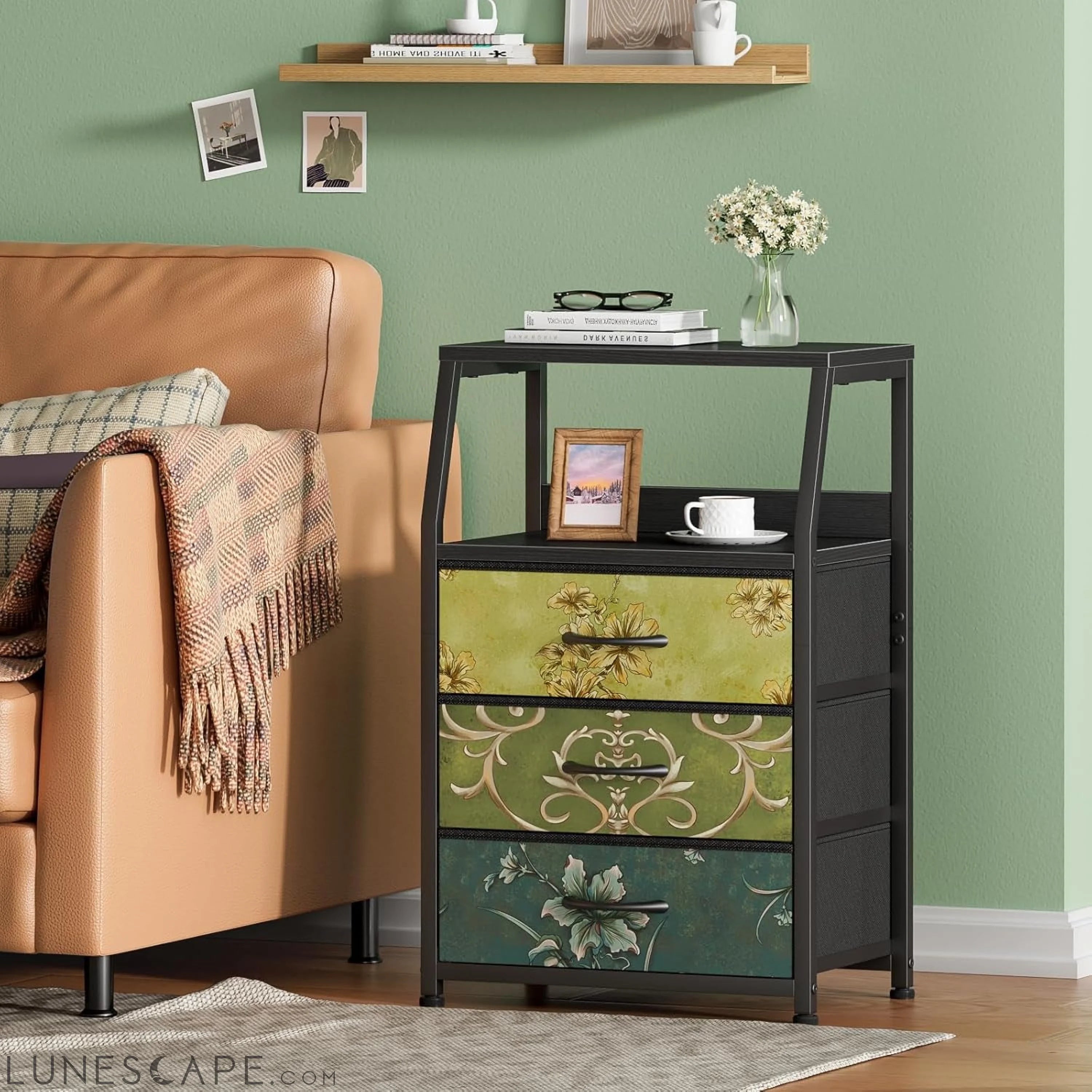 Retro Night Stand with 3 Drawers and 2-Tier Shelf, Small Nightstand LUNESCAPE