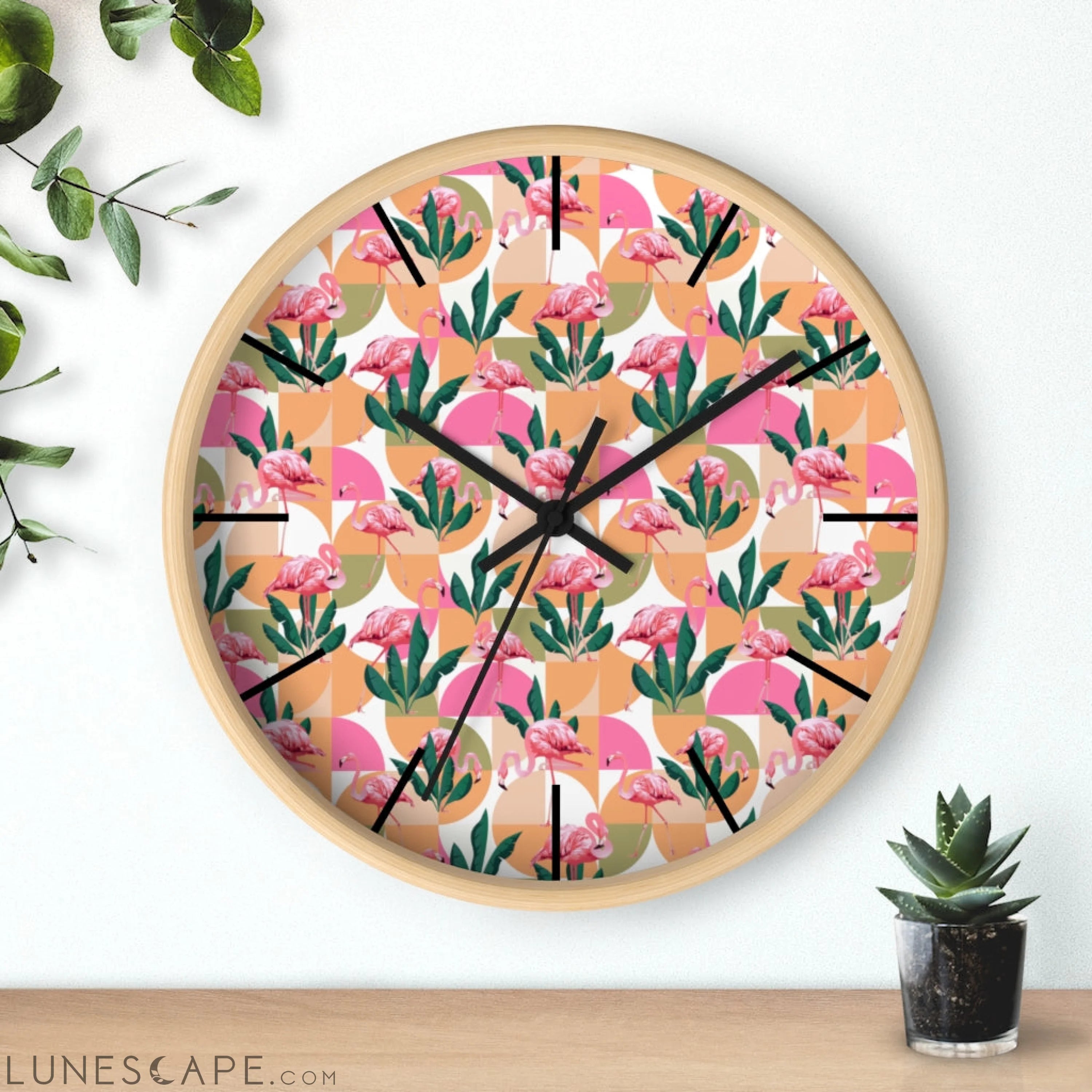 Retro Pink Flamingo Geometric Clock LUNESCAPE