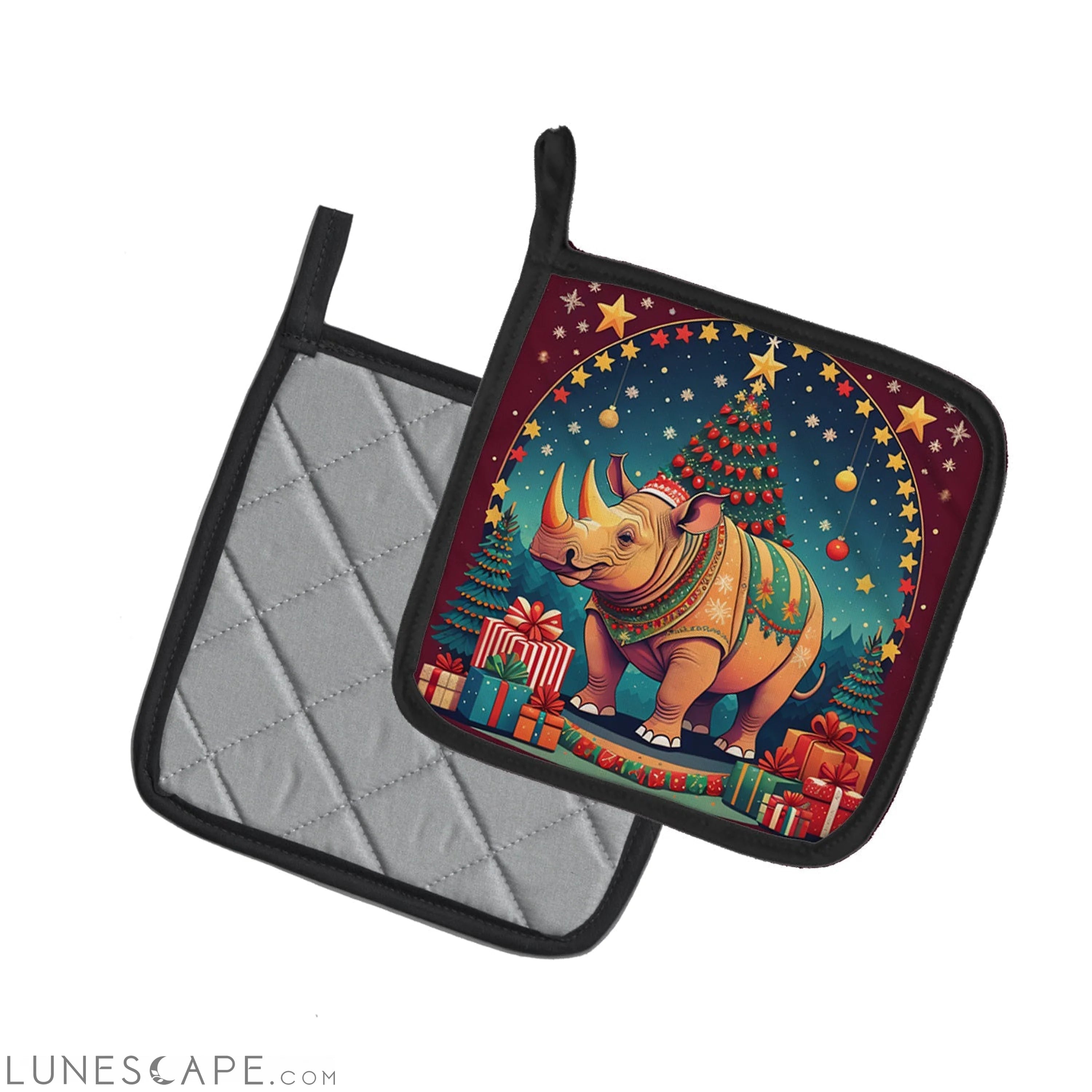 Rhinoceros Christmas Pair of Pot Holders LUNESCAPE