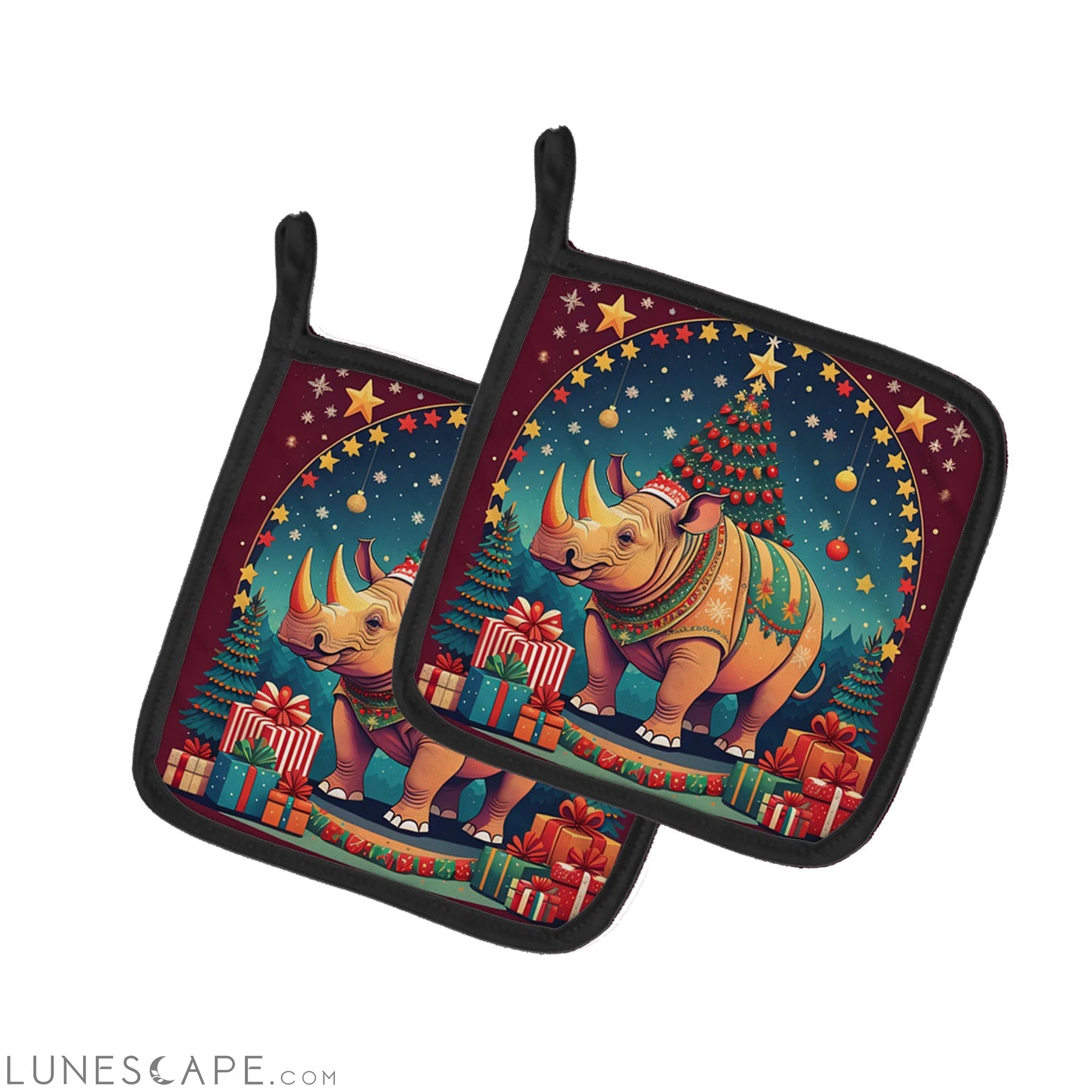 Rhinoceros Christmas Pair of Pot Holders LUNESCAPE