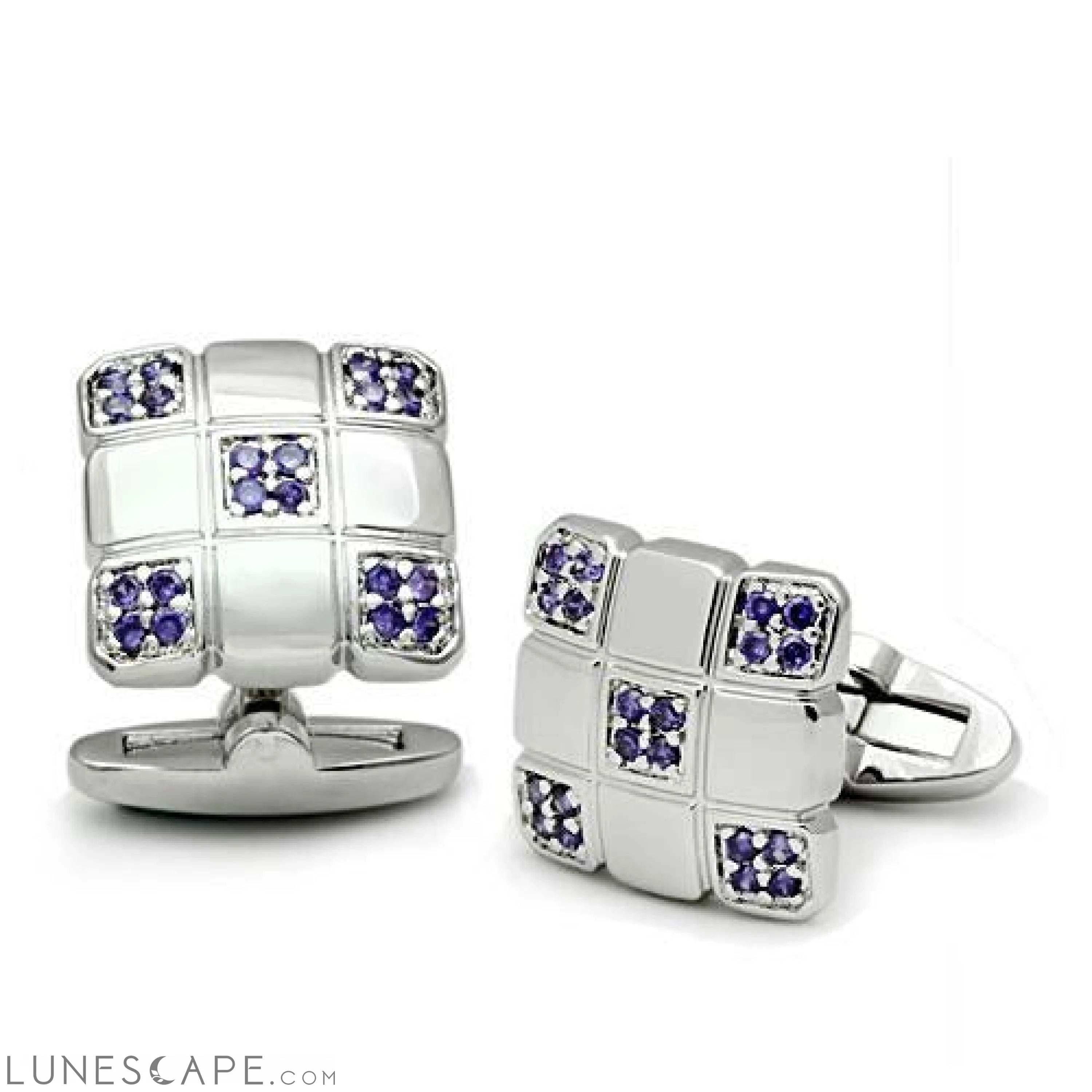 Rhodium Brass Cufflink with AAA Grade CZ  in Amethyst LUNESCAPE