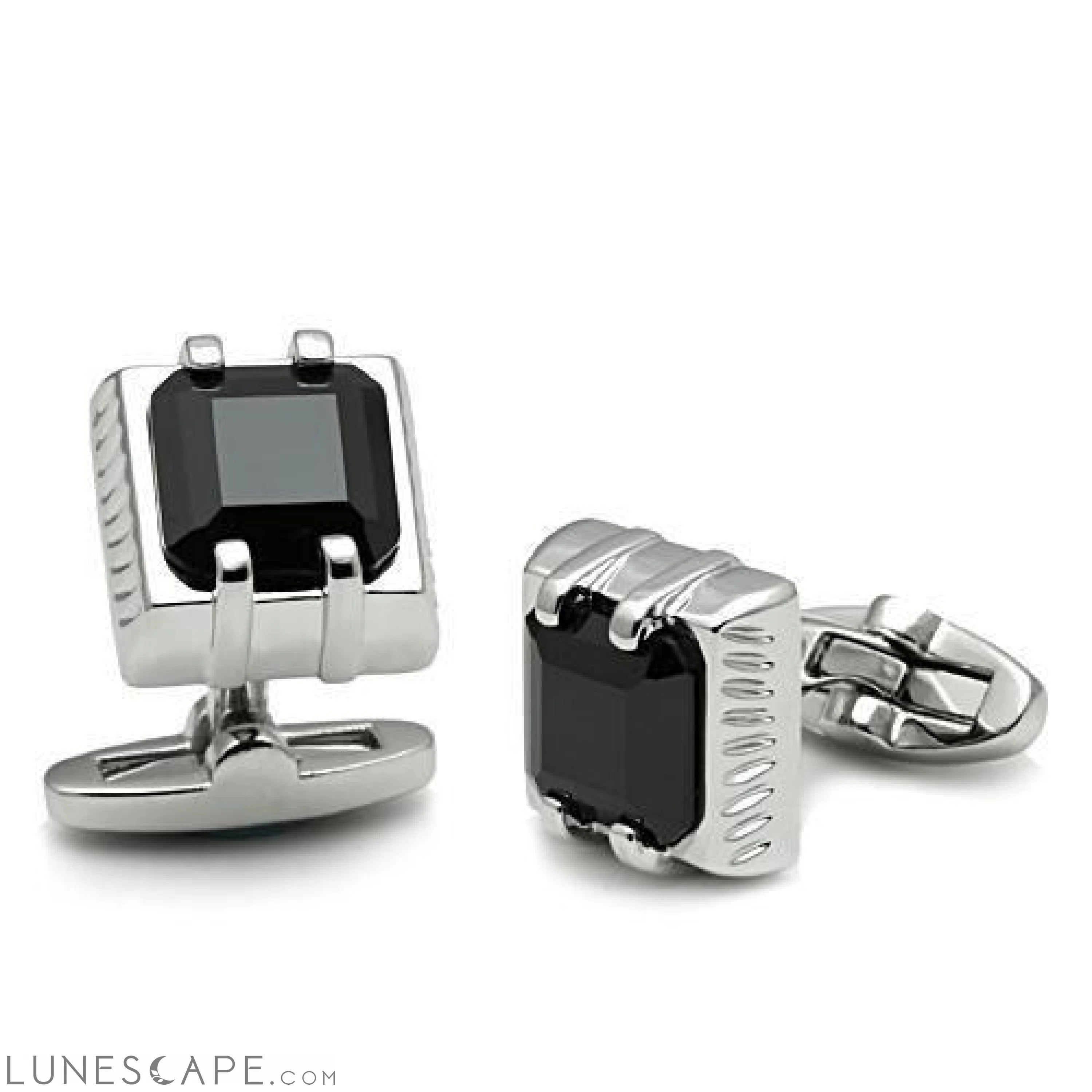 Rhodium Brass Cufflink with AAA Grade CZ  in Jet LUNESCAPE