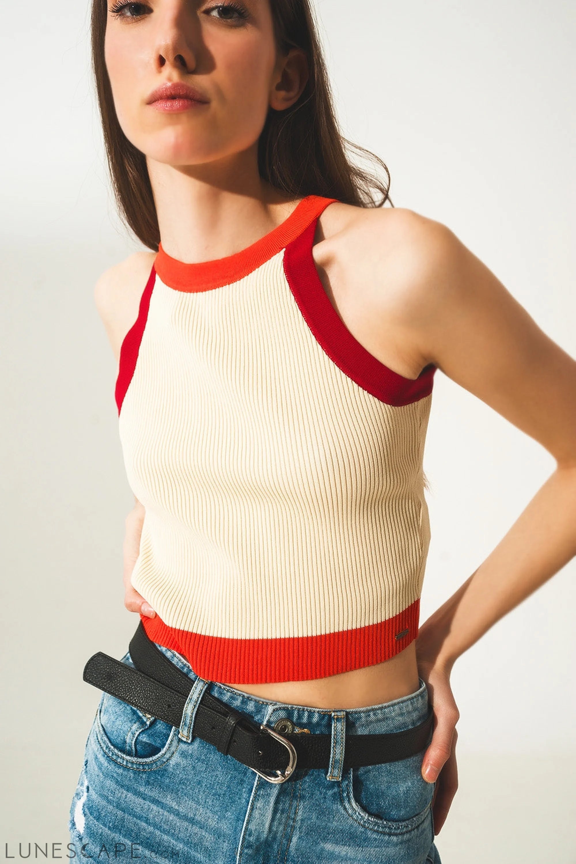 Ribbed Cropped Vest Top in Red LUNESCAPE