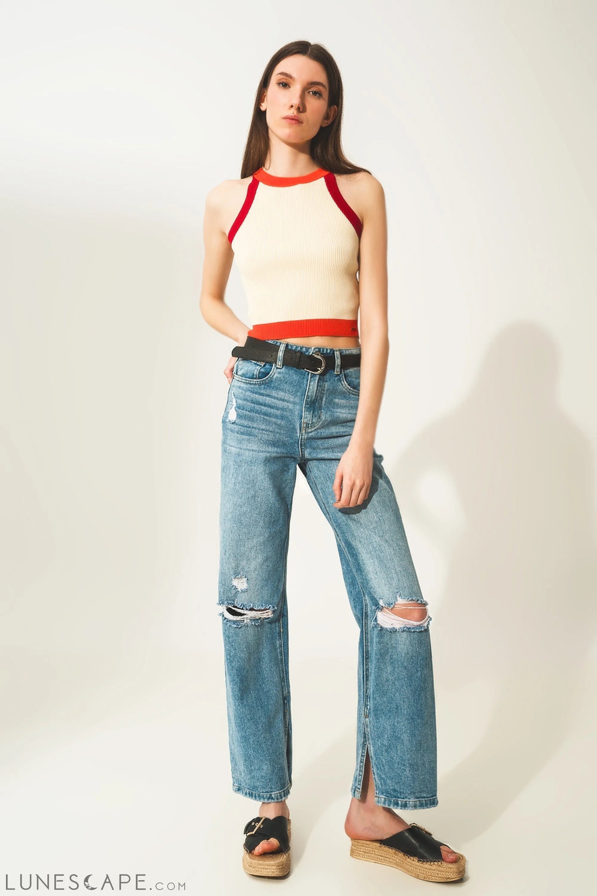 Ribbed Cropped Vest Top in Red LUNESCAPE