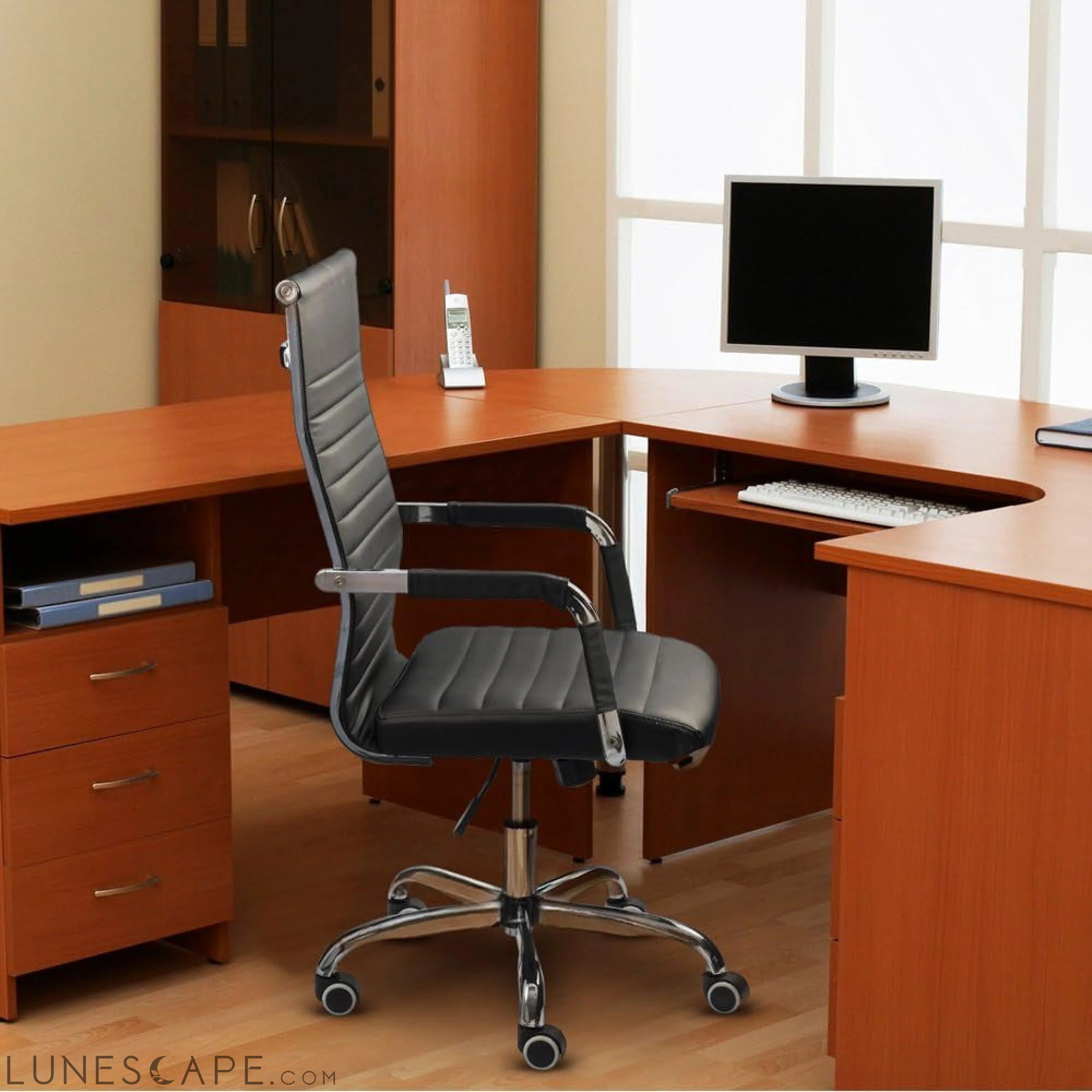 Ribbed Office Desk Chair Mid-Back PU Leather Executive Conference Task LUNESCAPE