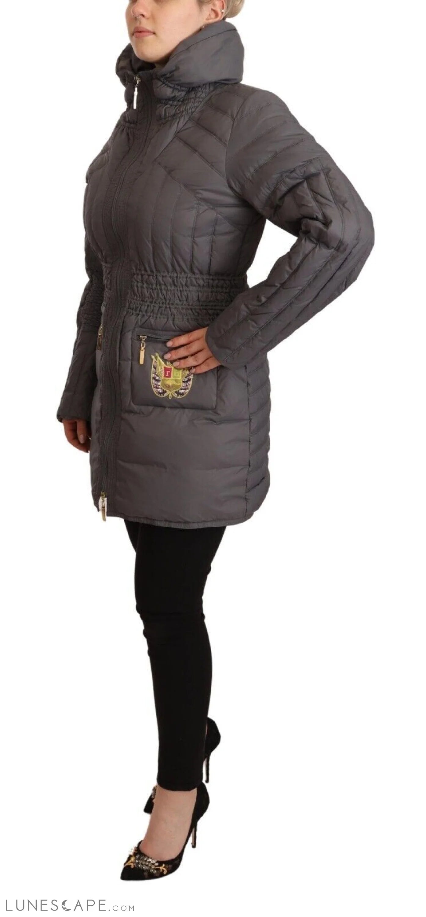 Roccobarocco Elegant Quilted Long Jacket with Logo Patch LUNESCAPE