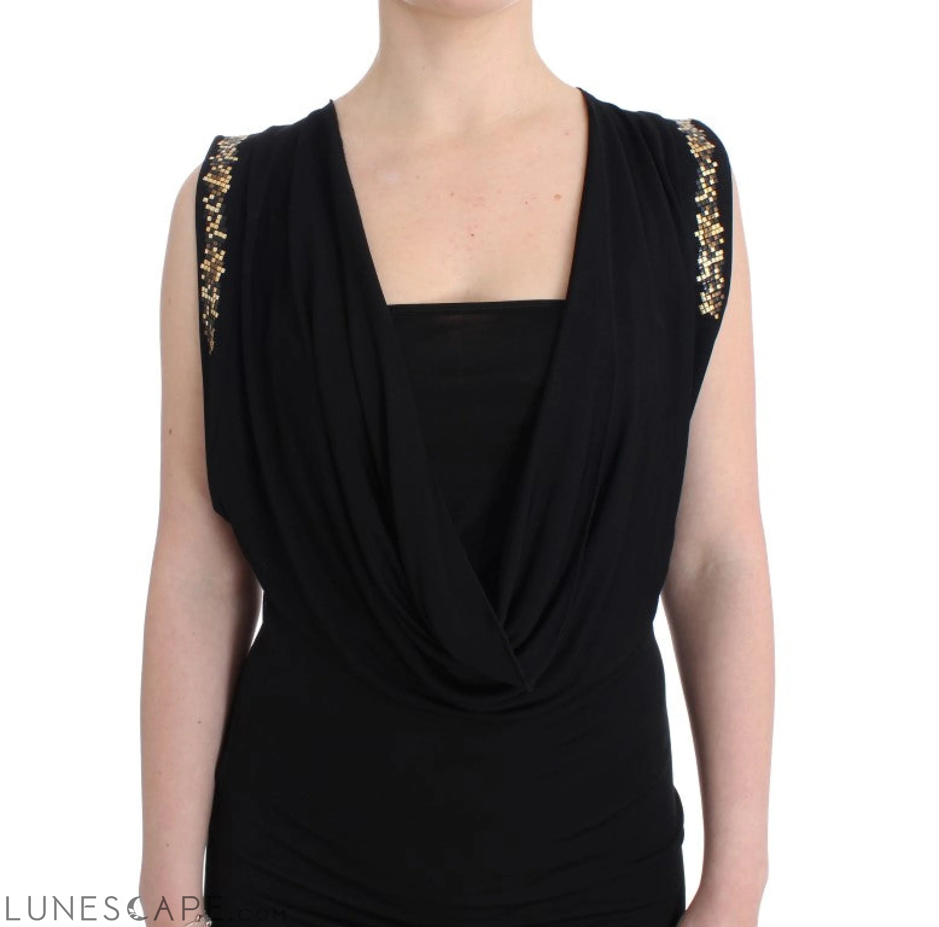 Roccobarocco Elegant Sleeveless Black Mini Dress with Gold Details LUNESCAPE