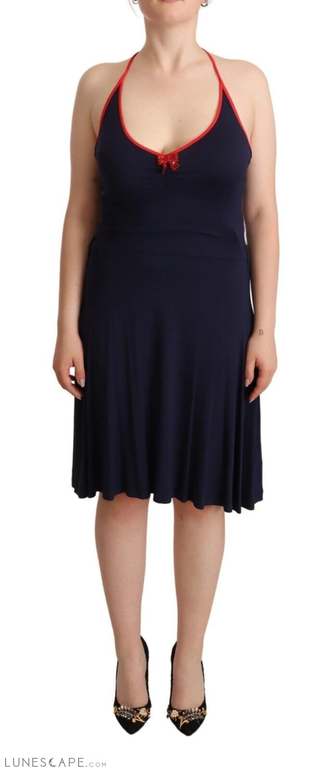 Roccobarocco Navy Blue Cotton Midi Halter Dress LUNESCAPE