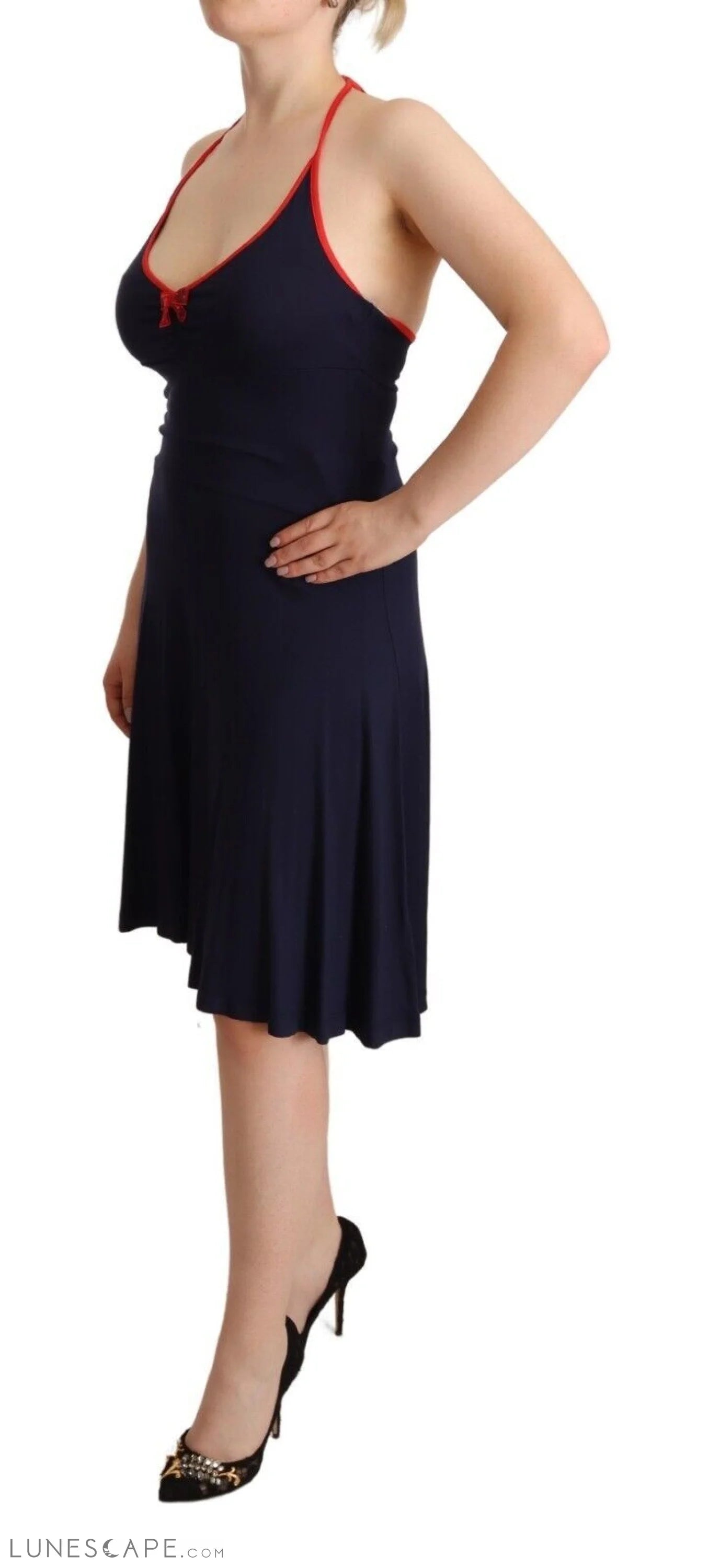 Roccobarocco Navy Blue Cotton Midi Halter Dress LUNESCAPE