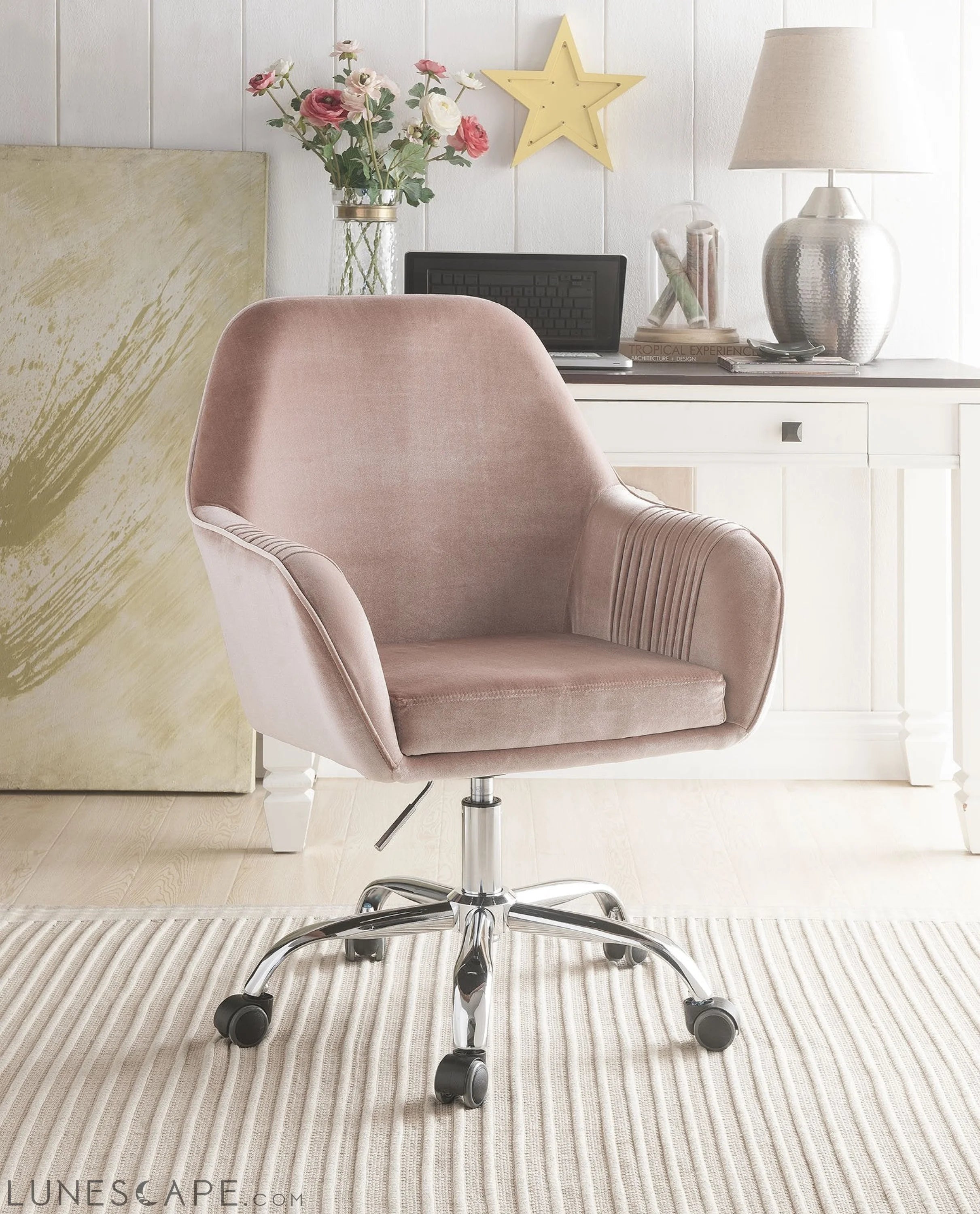 Rose Velvet Office Desk Chair on Wheels Stylish Mauve LUNESCAPE