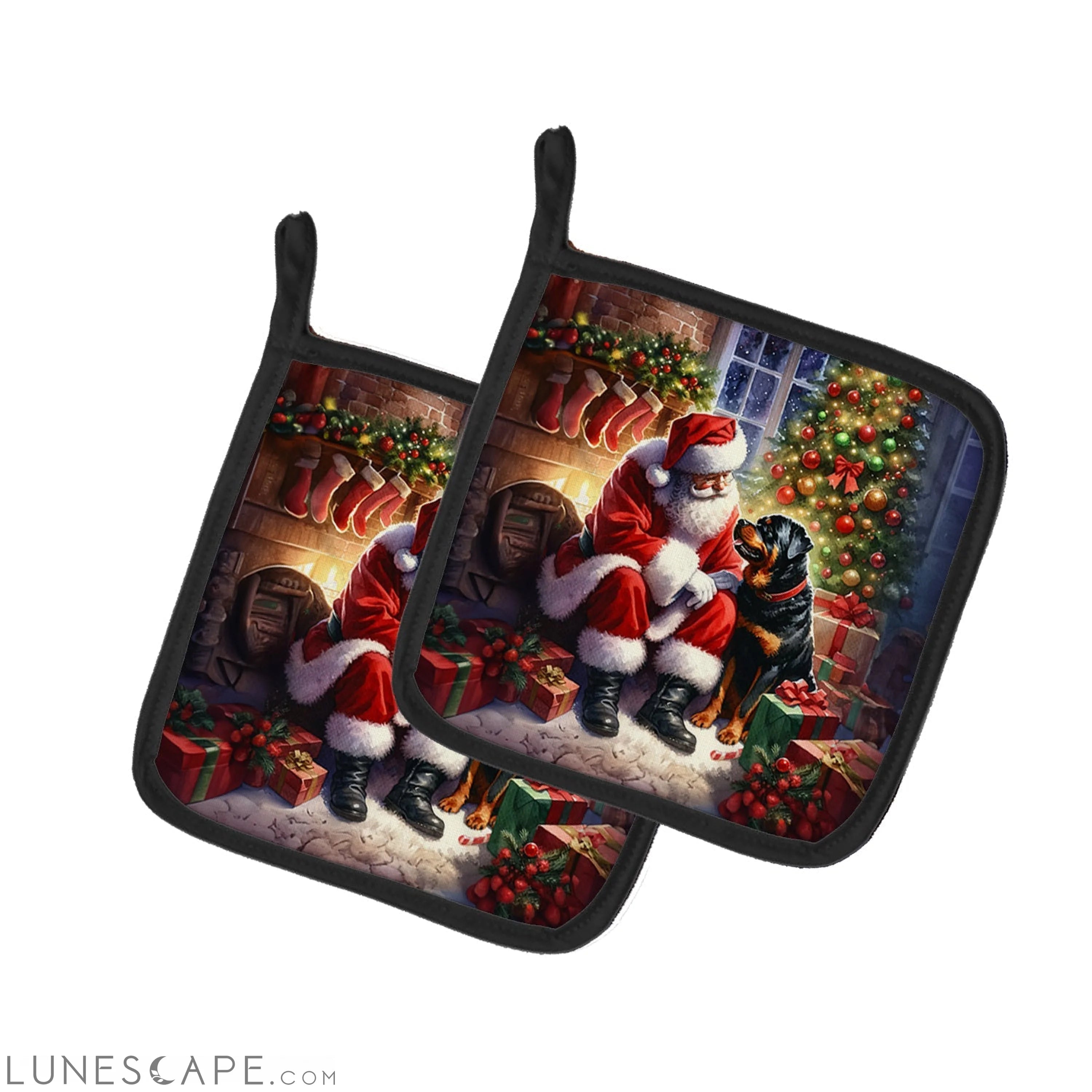 Rottweiler and Santa Claus Pair of Pot Holders LUNESCAPE