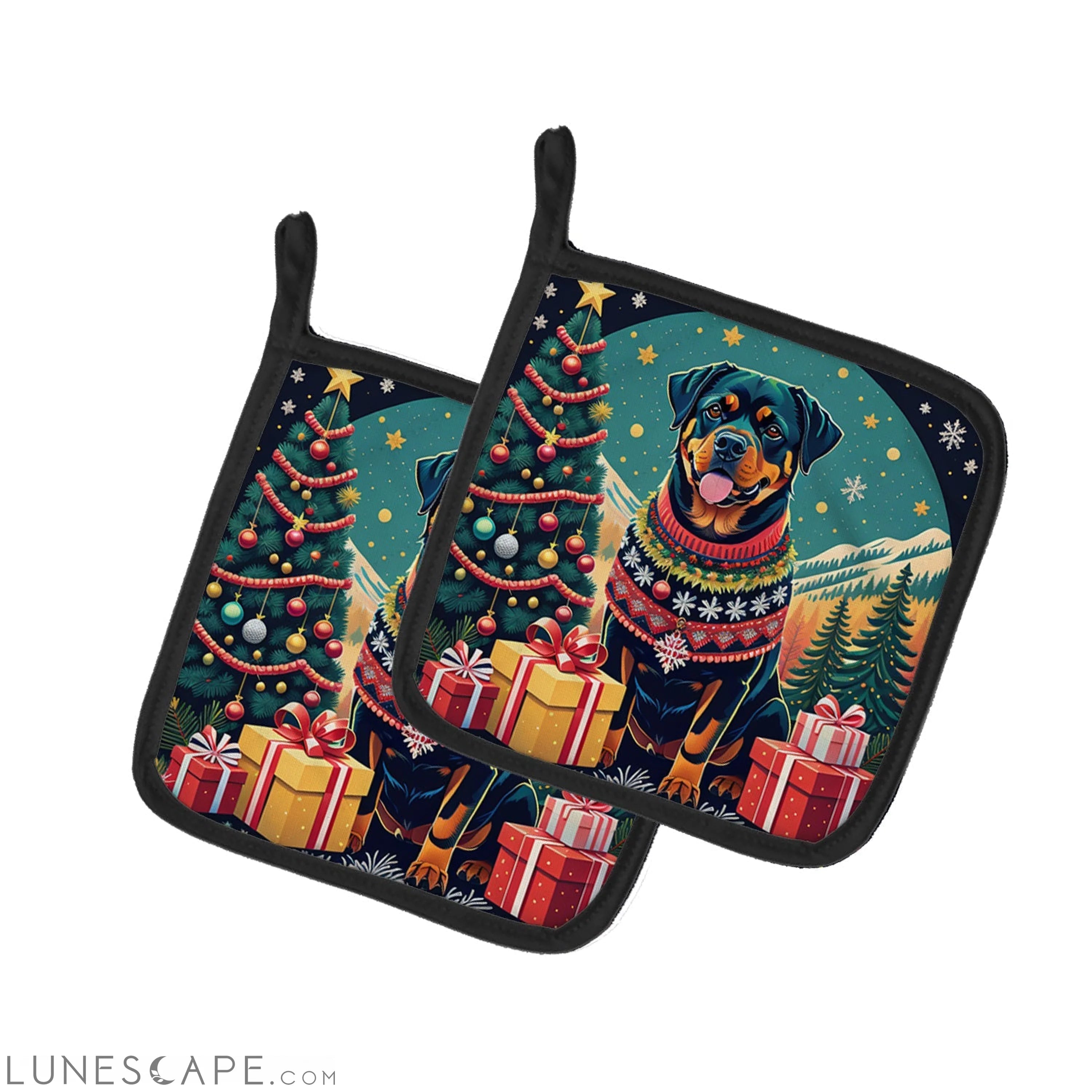 Rottweiler Christmas Pair of Pot Holders LUNESCAPE